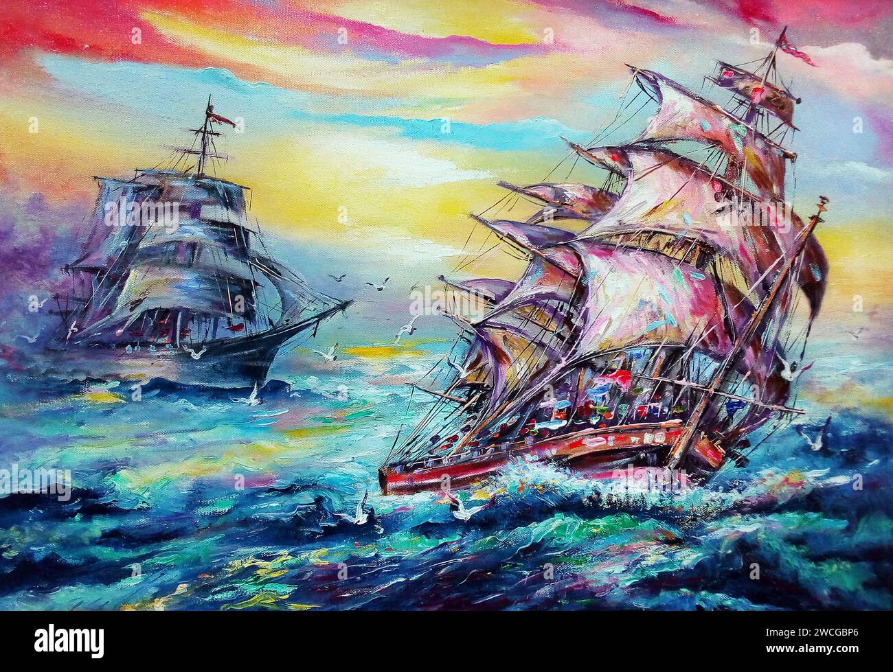 Peinture à l'huile d'art voilier , barque en mer de thaïlande , jonque , commerce chanceux Banque D'Images