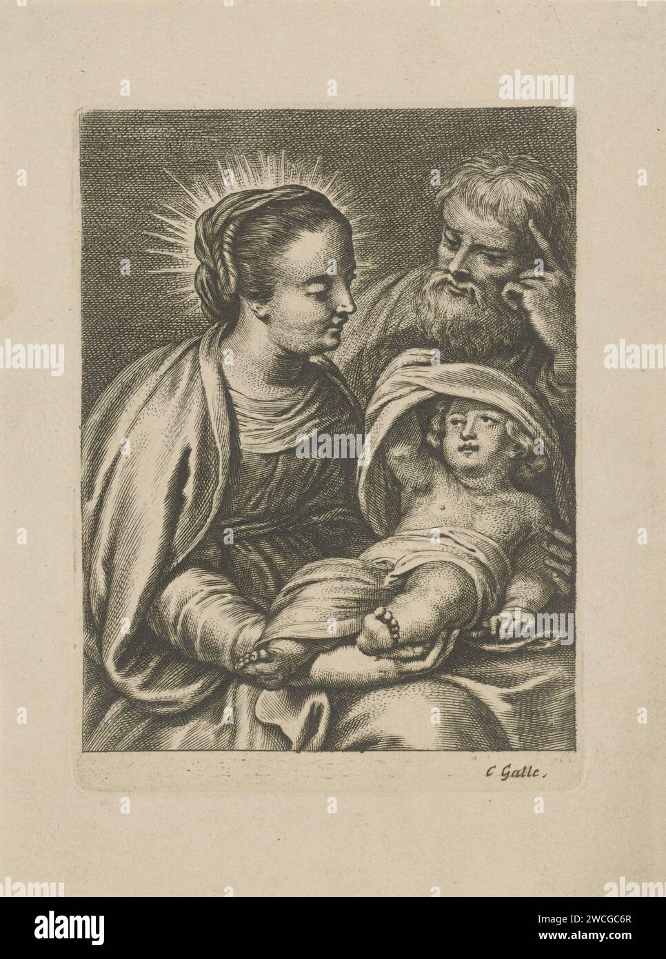 Sainte famille, Cornelis Galle (II), 1638 - 1678 imprimer Maria est assise sur ses genoux avec l'enfant Christ. Derrière elle Joseph qui soutient sa tête de la main. Voile de gravure papier Anvers Banque D'Images