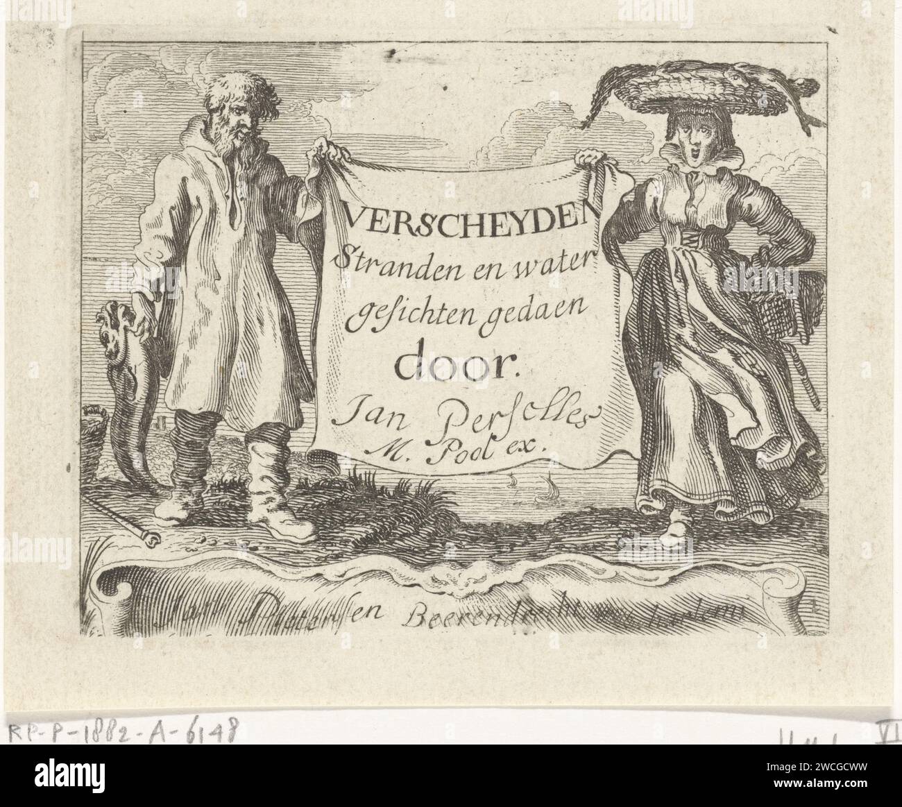 Paysage de Duin avec deux pêcheurs, Gillis van Scheyndel (I), d'après Jan Porcellis, 1696 - 1727 imprimer deux pêcheurs tiennent une toile sur laquelle le titre de la série en néerlandais. Au fond d'un cartouche l'impressum. Imprimeur : Nord des pays-Bas Éditeur : Haarlem papier gravure / gravure poissons. pêcheur montrant la prise Banque D'Images
