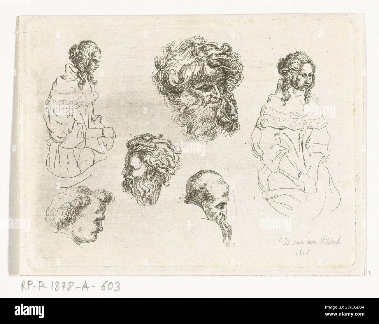 Feuille d'étude avec des têtes et des corps de femmes, D. van den Bosch, 1817 imprimer gravure sur papier pays-Bas Banque D'Images