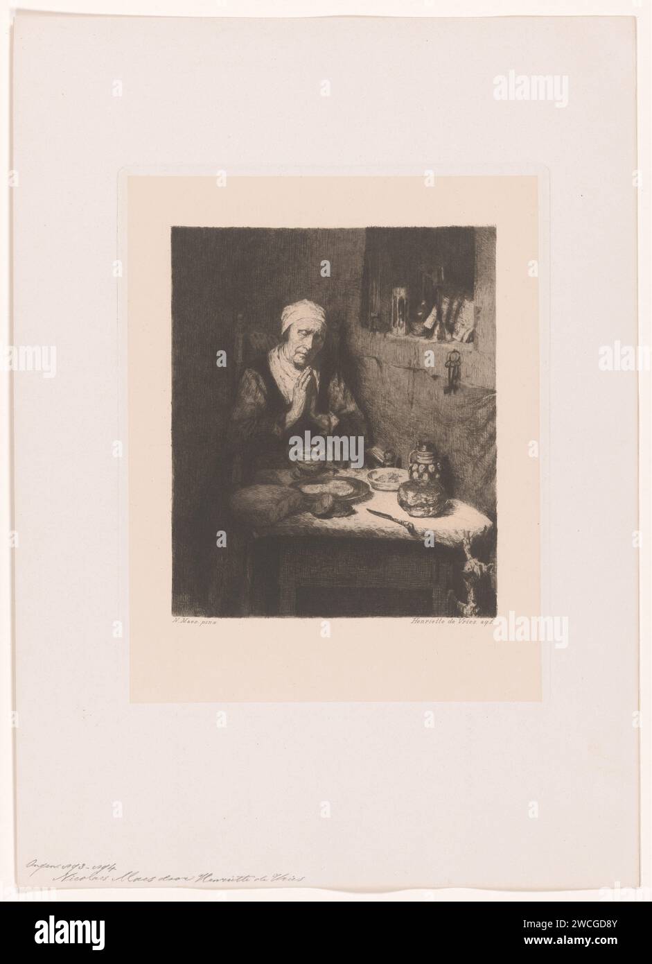 Vieille femme en prière, Henriëtte de Vries, d'après Nicolaes Maes, 1877 - 1890 imprimer papier néerlandais. graver la prière à table, dire la grâce. vieille femme. repas du soir, dîner, souper Banque D'Images