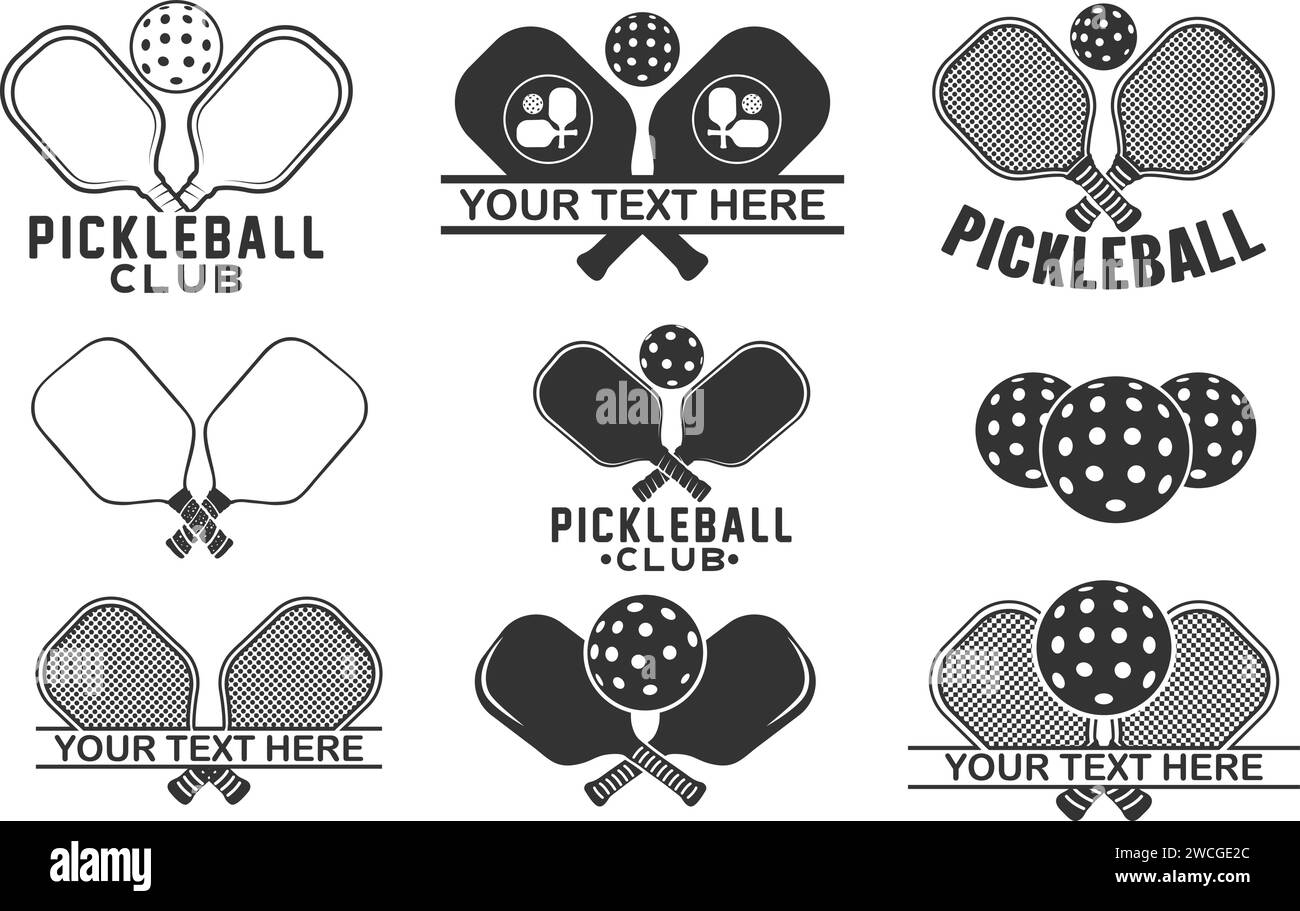 Silhouette de paquet de Pickleball, paquet de Pickleball, monogramme divisé de Pickleball, raquette de Pickleball et silhouette de balle, pagaie de Pickleball. Illustration de Vecteur