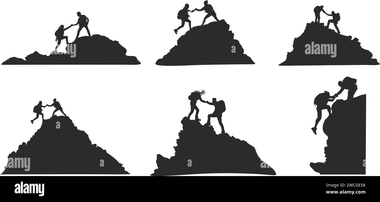 Aider un ami à atteindre la silhouette du sommet de la montagne, l'équipe Silhouette aider, travail d'équipe, ensemble, succès, victoire, but, accomplissement Illustration de Vecteur