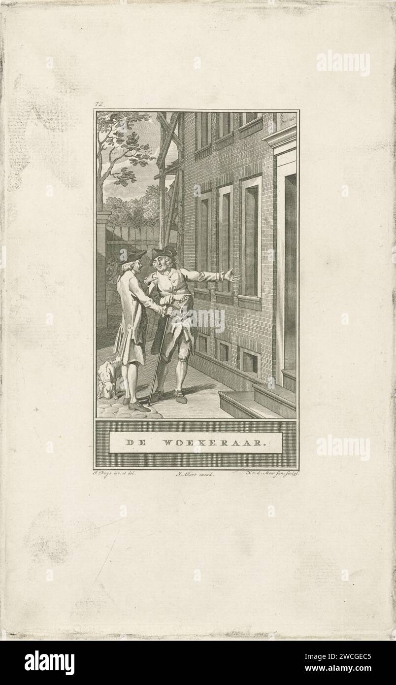 Usure, Noah van der Meer (II), après Jacobus Buys, 1778 - 1785 print l'usure montre la pauvre maison qu'il a construite par lui à un ami. Un chien renifleur à côté d'eux. Amsterdam papier gravure d'argent-prêteur, usurier. Alms-House (hollandais : 'hofje'). amis. chien Banque D'Images