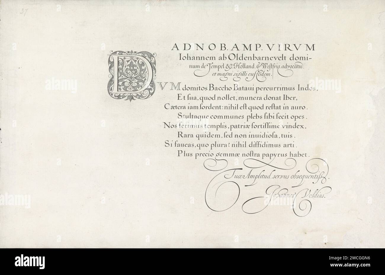 Exemple d'écriture : ad Nob. Amp. Virum (...), 1605 print Ecrire exemple avec la salutation : ad Nob. Amp. Virum Johannem AB Oldenbarnevelt, Dominum de Tempel & Holland & Westfris. Advocatu (M) et Magni Sigilli Custodem. Dans une autre main, une initiale décorée D et huit lignes de texte en latin : Dum Domitos Baccho ... Signé John Veldius. Avec quelques bandes adhésives pour améliorer la dernière ligne de la salutation, la partie inférieure de l'initiale et les premières lettres du texte. L'impression fait partie d'un album. Imprimeur : Haarlemafter design by : RotterdamRotterdamLa Hague papier gravure calligraphie Banque D'Images