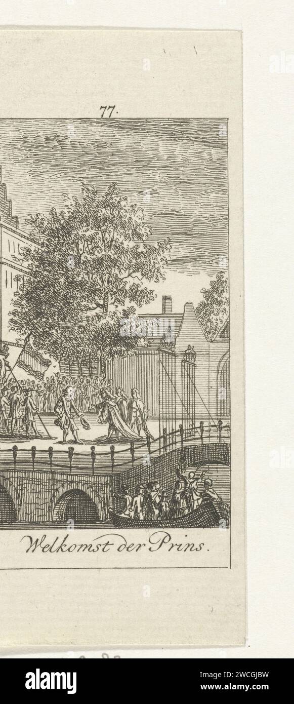 Réception de Willem III en Angleterre, 1688, Simon Fokke, 1722 - 1784 estampe Guillaume III, prince d'Orange, est reçu à son arrivée en Angleterre. Une foule envoûtante regarde. Imprimer au milieu de celui-ci marqué : 77. Mordançage du papier Amsterdam saluant Banque D'Images