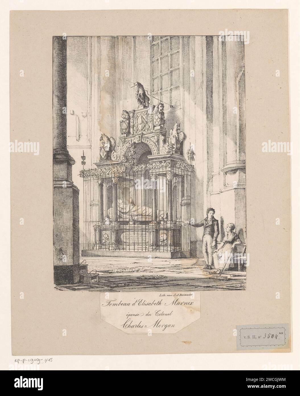 Tombe palale par Elisabeth Morgan van Marnix, Jean Augustin Daiwaille, 1809 - 1850 print la tombe se trouve dans l'Oude Kerk à Delft. À droite de la tombe se trouve un homme. Il parle à une femme de ménage assise à côté de lui. Amsterdam papier sniping grave, tombeau. Intérieur de l'église Vieille église Banque D'Images