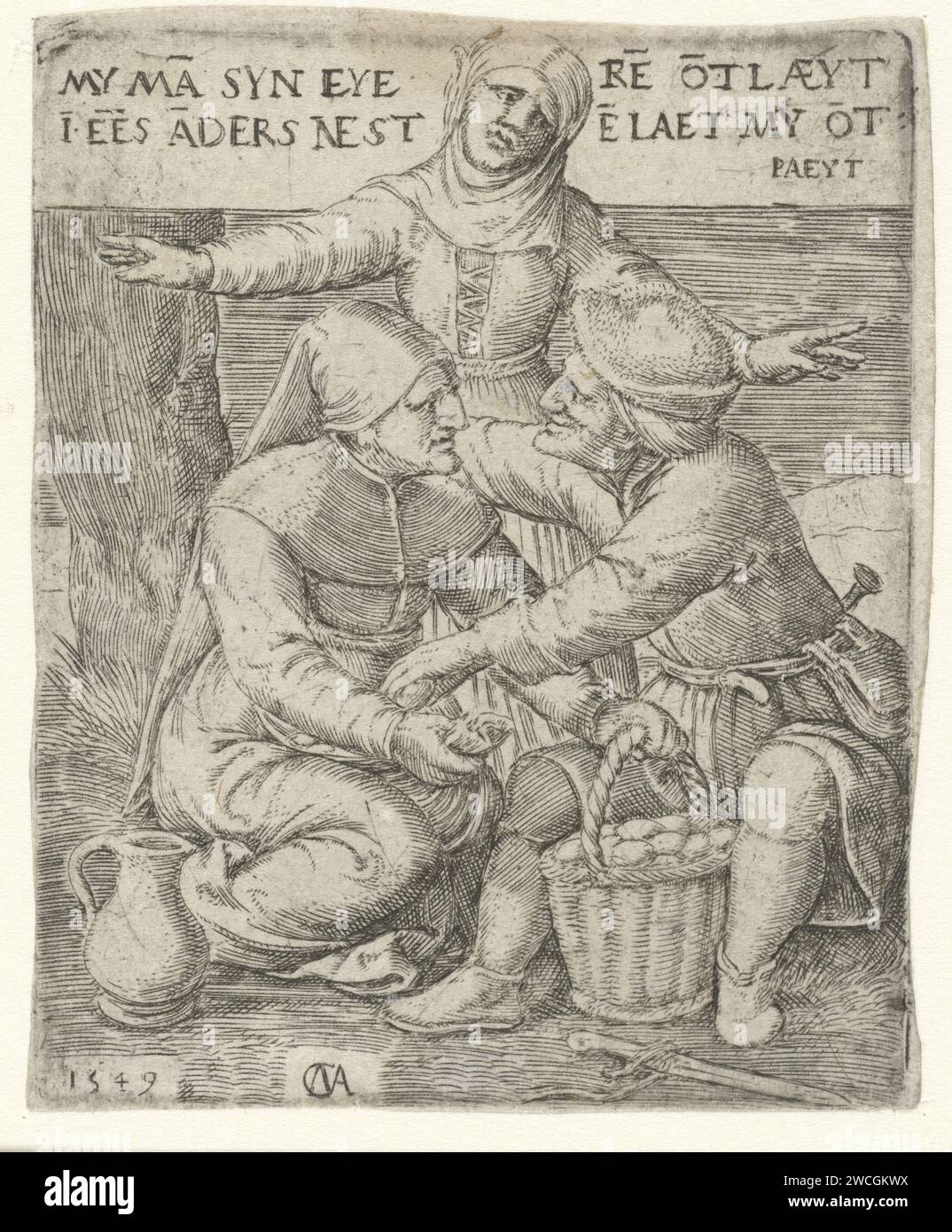 Allégorie de l'adultère, Cornelis Massijs, 1549 print Une femme a attrapé son mari pour adultère. L'homme met un œuf sur les genoux de la femme à côté de lui, qui attrape immédiatement son panier avec des œufs. En haut des mots de la femme en néerlandais, dans lesquels elle dit que son mari laisse ses œufs dans un autre nid alors qu'elle est laissée sans lui. Anvers gravure papier adultère. oeufs, plats à oeufs. agriculteurs Banque D'Images