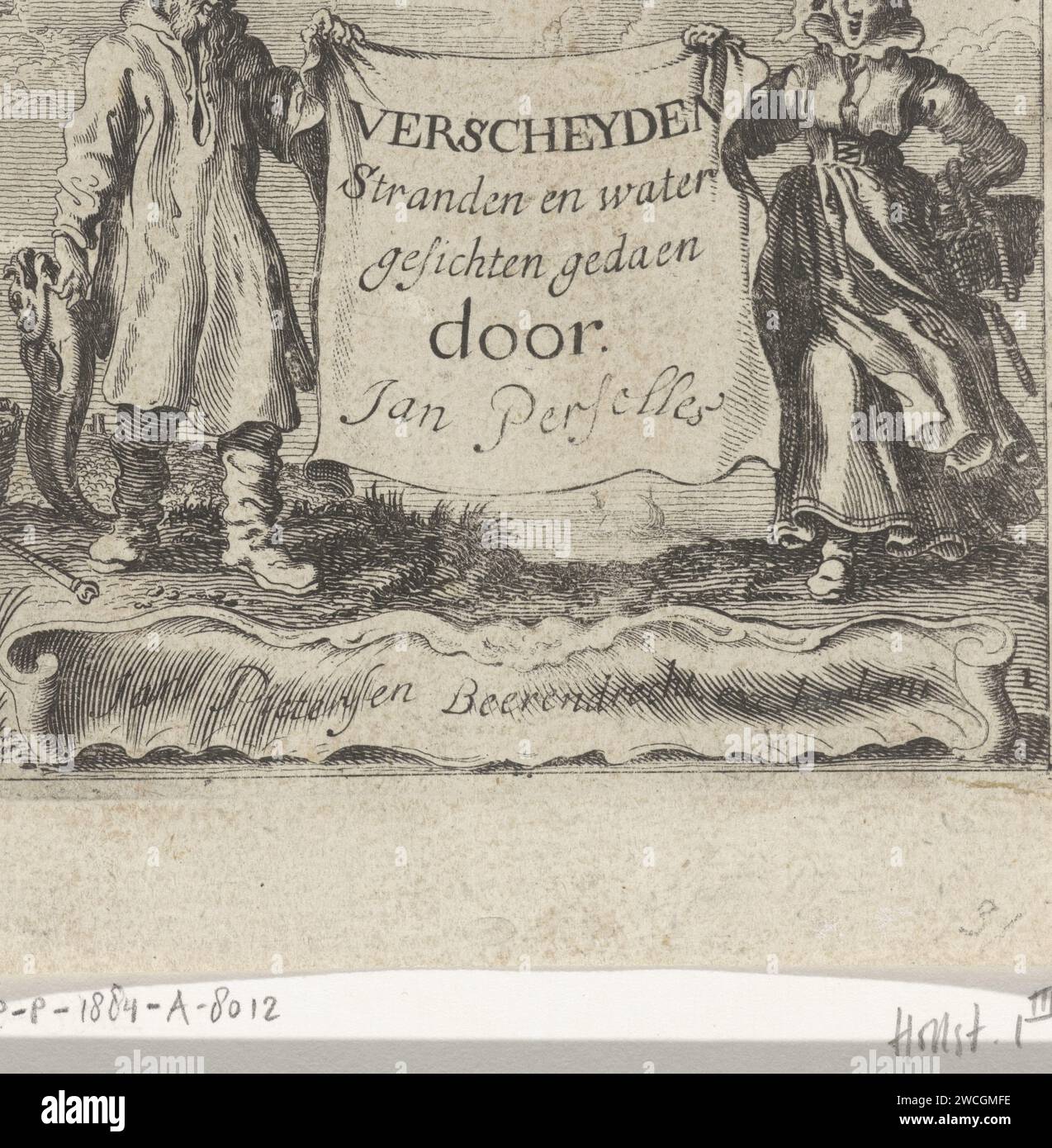 Paysage de Duin avec deux pêcheurs, Gillis van Scheyndel (I), d'après Jan Porcellis, 1635 - 1677 imprimer deux pêcheurs tiennent une toile sur laquelle le titre de la série en néerlandais. Au fond d'un cartouche l'impressum. Imprimeur : Nord des pays-Bas Éditeur : Haarlem papier gravure / gravure poissons Banque D'Images