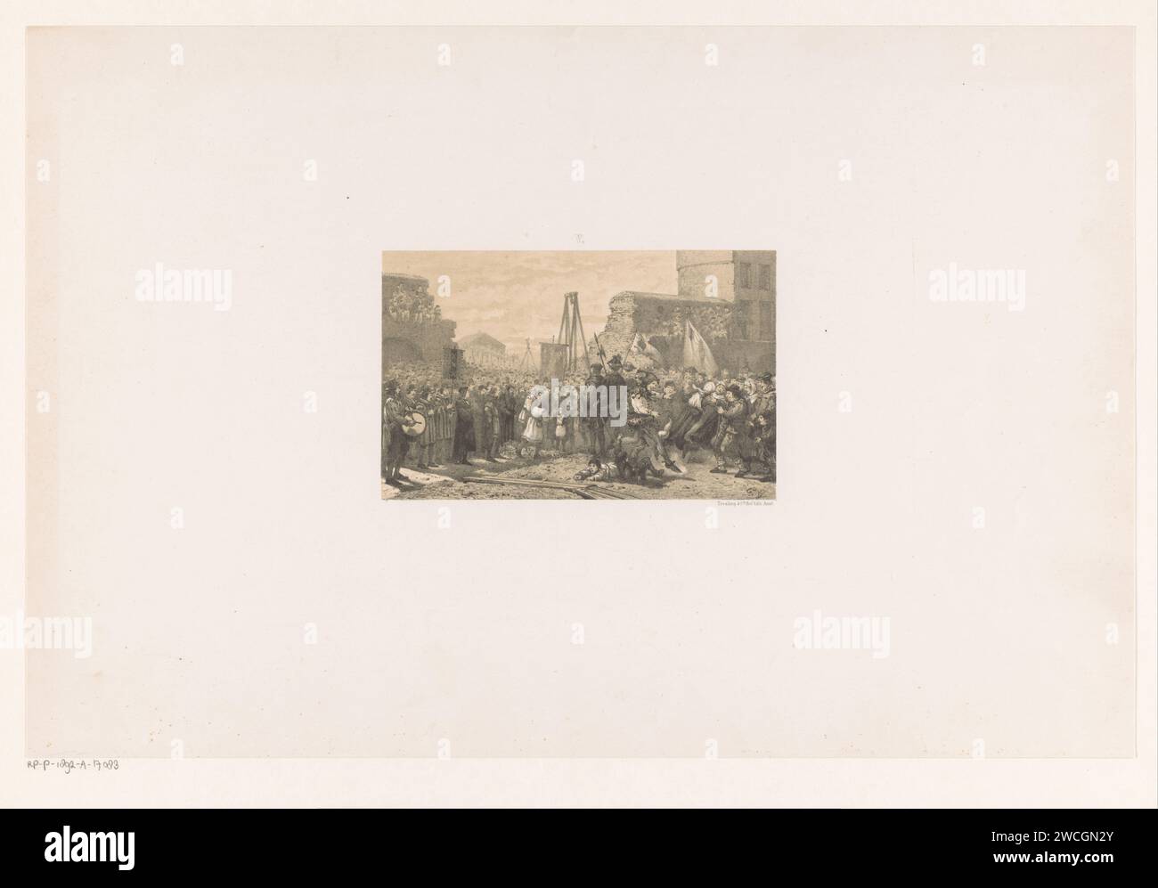 Pose de la première pierre de Sint-Antonispoort, Johan Conrad Greive, 1876 estampe sur la gauche, une figure tient une bannière avec les croix d'Amsterdam. Sur un drapeau, à droite dans la foule, est représenté le healy Sebastiaan. Au premier plan, une figure est piétinée par un bouffon de cour. Murs de ville en papier Amsterdam. foule, mob. Bouffon de cour, fou de cour Nouveau marché Banque D'Images