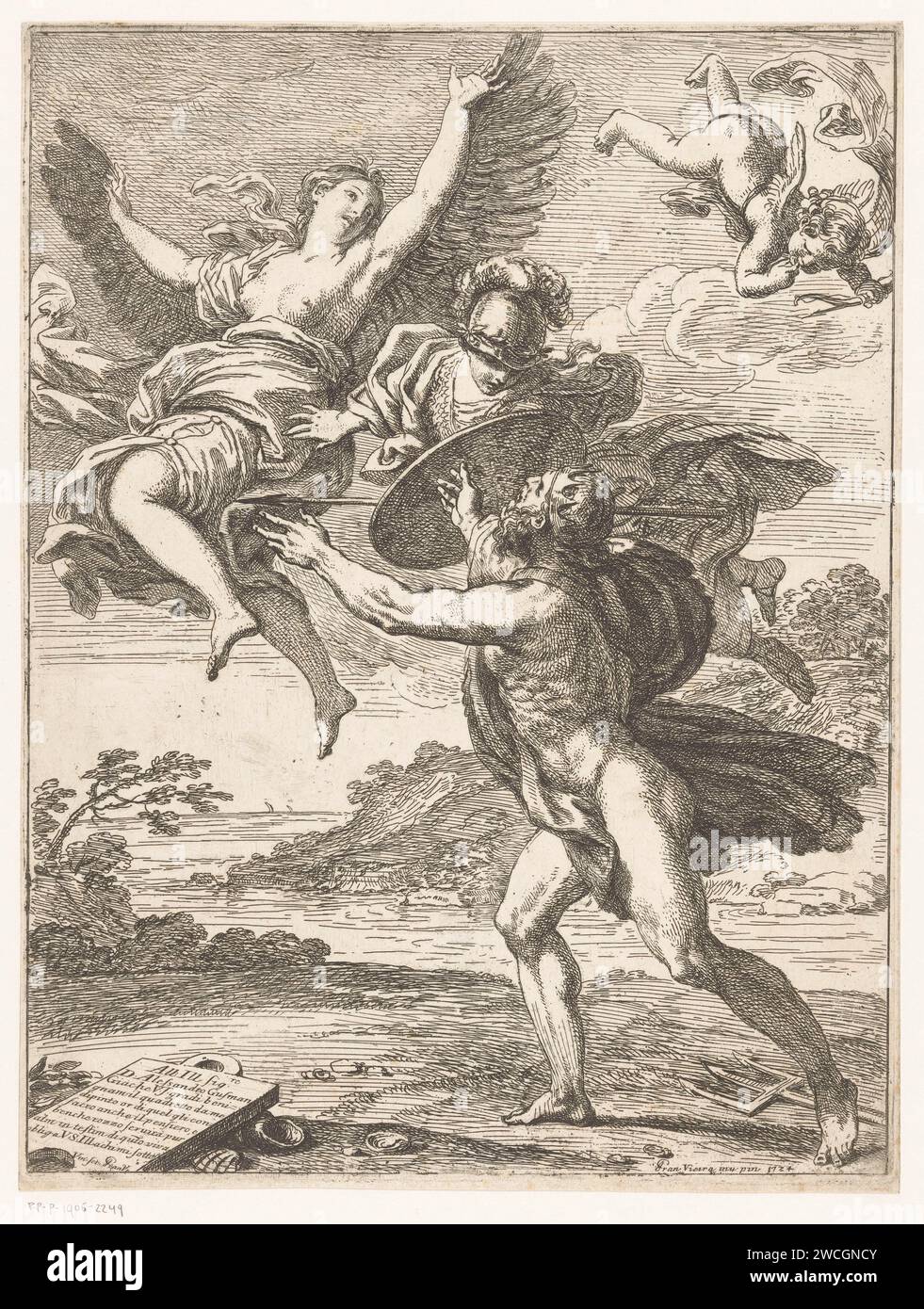 Coronis transformé en corbeau, Francisco Vieira de Mattos, 1724 print le Zeegeod Neptunus tente de passer à Coronis, la fille de Coroneus. Minerva intervient et transforme Coronis en corbeau, lui permettant de s'envoler loin de Neptune. Amor vole en haut à droite. Portugal papier gravure Coronis changé en corbeau : pour échapper à l'amour de Neptune, Coronis, fille de Coroneus, est changé en corbeau par Minerve (Ovide, Métamorphoses II 569). oiseaux chanteurs : crow Banque D'Images