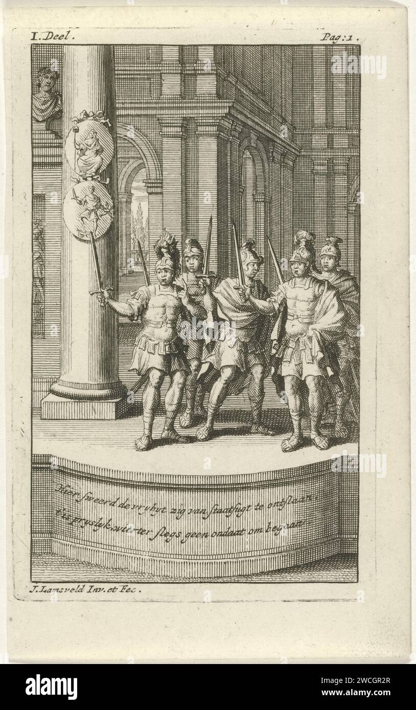 Les membres du Parti du Sénat sont déterminés à tuer Jules César, Jan Lamsvelt, 1728 imprimer les membres du Parti du Sénat ont décidé de tuer Jules César et de tirer leur épée. La conspiration est expliquée dans la légende. L'impression est marquée à gauche et en haut à droite : I. partie. - Page : 1. Réalisé dans le tréerspel 'de kills from Julius Cezar', écrit par Marie-Anne Barbier. Gravure sur papier (histoire de) C. Jules César Banque D'Images