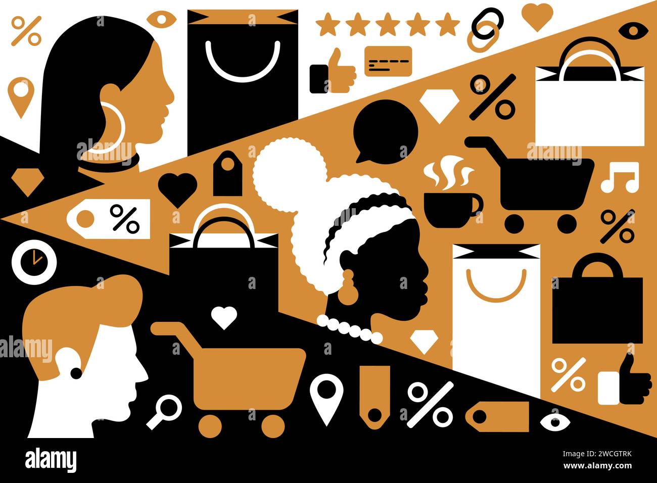 People Shopping affiche en noir rouge blanc couleurs avec des hommes et des femmes de différents genres et nationalités choisissent des achats, des cadeaux en vente. Modèle f Illustration de Vecteur