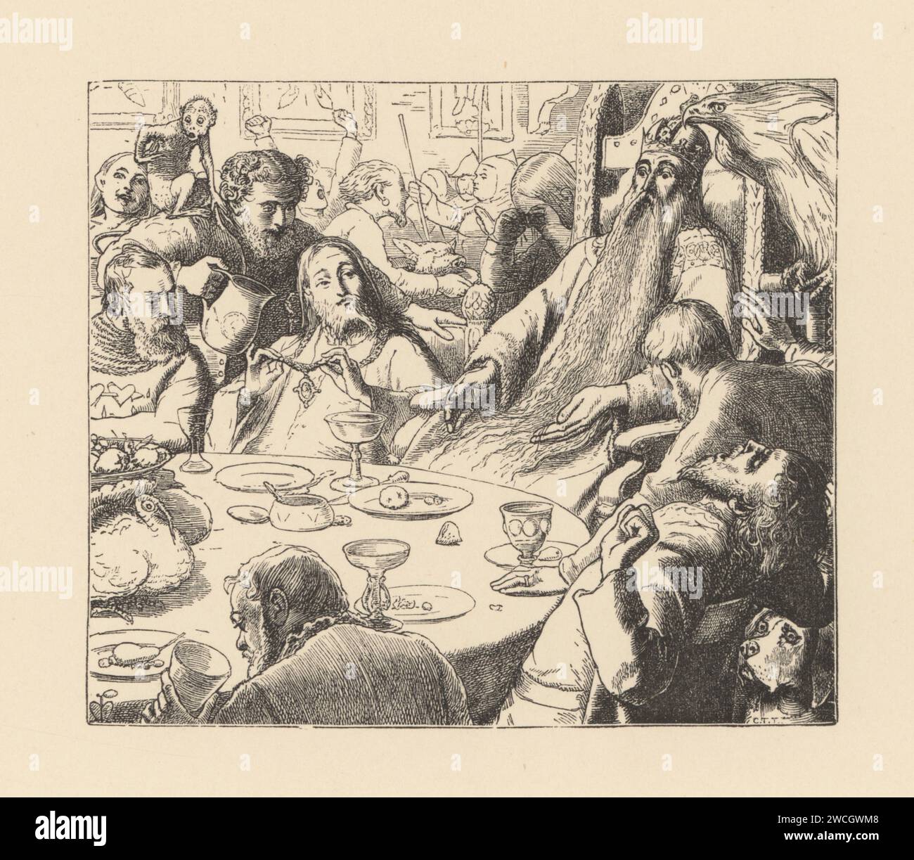 Un roi avec une longue barbe se réveille d'un sommeil à une table de banquet médiévale. Les chevaliers et les courtisans boivent des gobelets et s'étirent. Illustration du renouveau de Poèmes par Alfred Lord Tennyson. Gravure sur bois du Charles Thurston Thompson, d’après une illustration de l’artiste préraphaélite John Everett Millais tirée des illustrations de Millais, a Collection of Drawings on Wood, Alexander Strahan, Londres, 1866. Banque D'Images