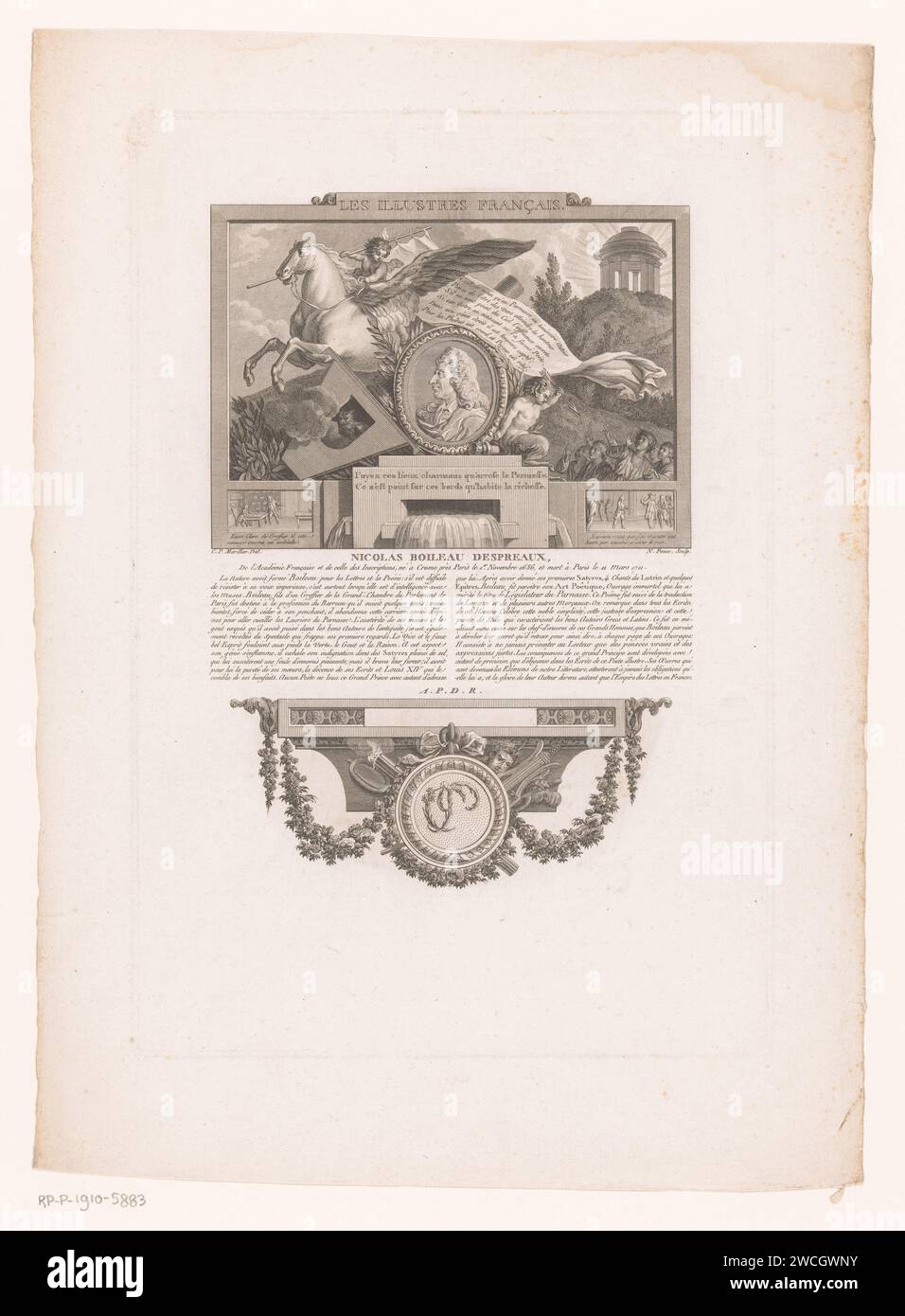 Allegorisch Portret van Nicolas Boileau, Nicolas Ponce, d'après Clément Pierre Marillier, 1790 - 1816 print France papier gravure / gravure de personnages historiques. Pegasus, le cheval ailé. portrait d'un écrivain Banque D'Images
