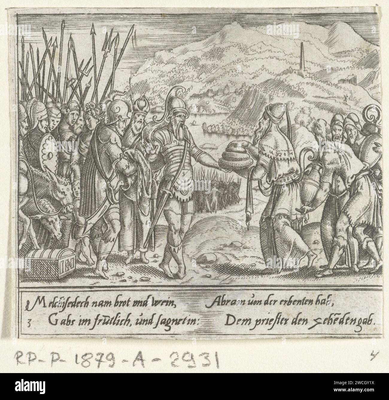 Abraham in Melchizédek, Cornelis Bos, 1555 print Melchizédek reçoit Abraham et ses hommes avec du pain et du vin à Jérusalem. Abraham donne à Melchizédek un dixième de son butin de guerre. Tirage à partir d'une série de 12 tirages avec la vie d'Abraham. Tous les tirages ont quatre lignes de texte explicatif allemand dans la marge inférieure. Papier de Groningue gravant la rencontre d'Abraham et Melchizédek, le grand prêtre et roi de Salem, qui apporte pain et vin (Genèse 14:18-20) Banque D'Images