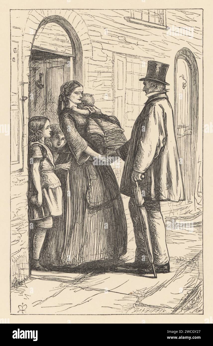 Un homme en chapeau haut de gamme et manteau accueille une femme et ses nombreux enfants à sa porte d'entrée. John Kennedy et Miriam Dockwraith de la ferme Orley d’Anthony Trollope. Gravure sur bois des frères Dalziel d’après une illustration de l’artiste préraphaélite John Everett Millais tirée des illustrations de Millais, a Collection of Drawings on Wood, Alexander Strahan, Londres, 1866. Banque D'Images