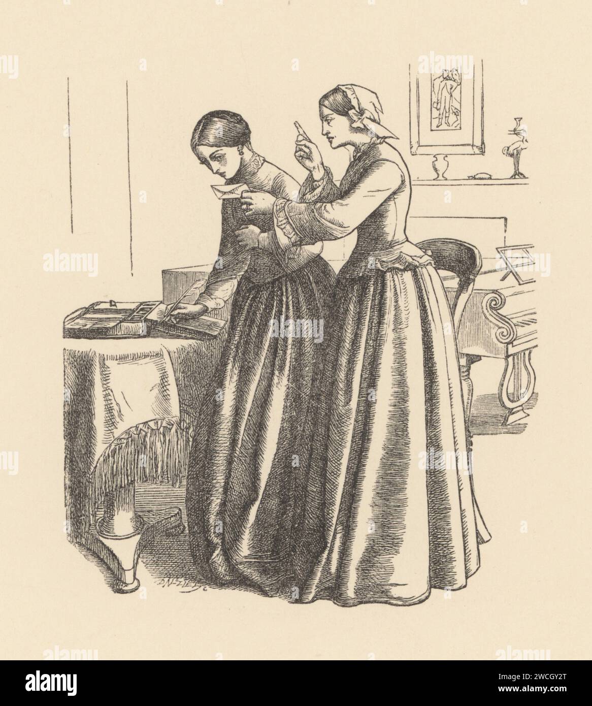 Une mère sévère châtiant sa fille sur un bureau dans un salon victorien. Elle tient une lettre et secoue un doigt. Prêcher le cœur d’une fille. De Locksley Hall dans Poèmes d'Alfred Lord Tennyson. Gravure sur bois des frères Dalziel d’après une illustration de l’artiste préraphaélite John Everett Millais tirée des illustrations de Millais, a Collection of Drawings on Wood, Alexander Strahan, Londres, 1866. Banque D'Images