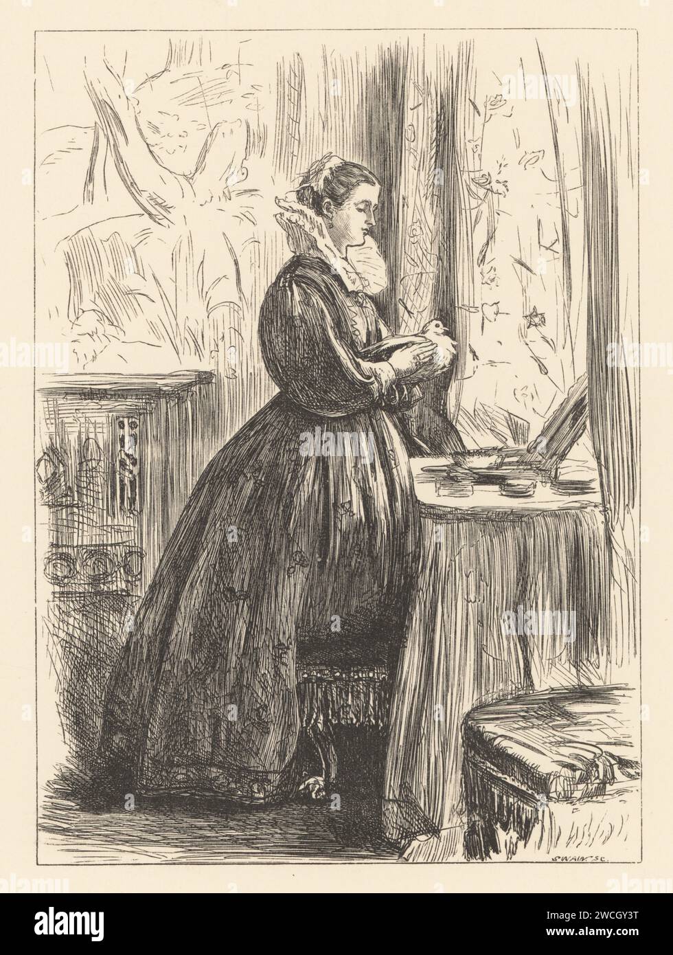 La princesse de Salm se tient près d'une fenêtre tenant une colombe, jurant d'épouser Dandelot. Femme en ruff médiévale et robe. Extrait du poème The Bridal of Dandelot de Dora Greenwell du magazine Good Words. Gravure sur bois de Joseph Swain d’après une illustration de l’artiste préraphaélite John Everett Millais tirée des illustrations de Millais, a Collection of Drawings on Wood, Alexander Strahan, Londres, 1866. Banque D'Images