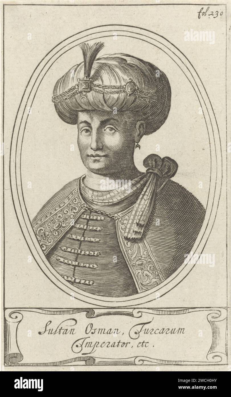 Portrait d'un sultan turc, Theodor Matham (attribué à), 1615 - 1676 tirage Portrait du sultan turc Osman. En haut à gauche : fol. 230. Tête de gravure sur papier du nord des pays-Bas : turban (+ vêtements pour hommes) Banque D'Images