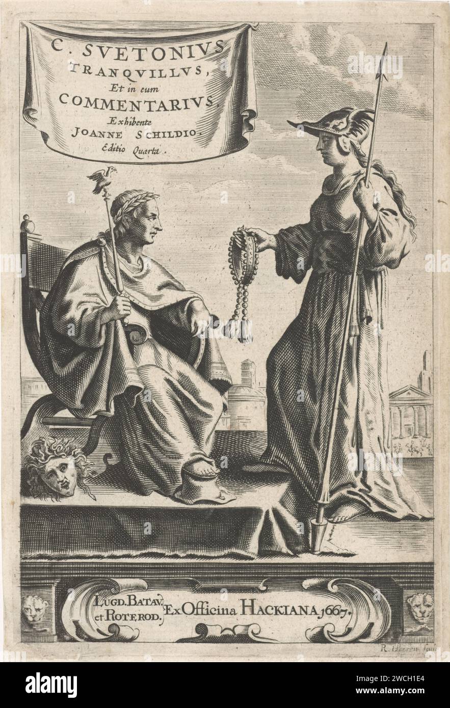 Écurie de Pieth avec un empereur à son siège, Reinier van Persijn, 1667 estampe sur une écurie perçante, un empereur est assis sur son trône, à côté d'un chef méduse. Son pied repose sur un chapeau haut ; dans sa main un bâton sur lequel un oiseau. Minerva lui offre une chaîne. En haut à gauche sur une toile le titre en latin. Au bas d'un cartouche une impression en latin. Gouda gravure papier empereur. (Histoire de) Minerve (Pallas, Athéna). Gorgoneion, chef de Méduse. tête de train Banque D'Images