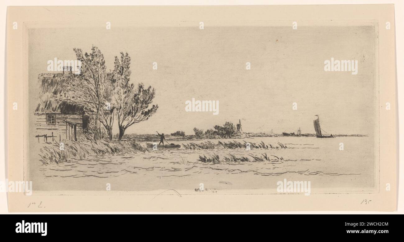 Vue du Loosdrechtse Plassen, Carel Nicolaas tempête de 's-Gravesande, v. 1880 impression sur la gauche sur la rive une maison et des arbres. Entre les roseaux, il y a un personnage avec un bâton sur un bateau. Gravure de papier pays-Bas / lac de point sec (+ paysage avec des figures, personnel). Poling, punting Loosdrechtse Plassen Banque D'Images