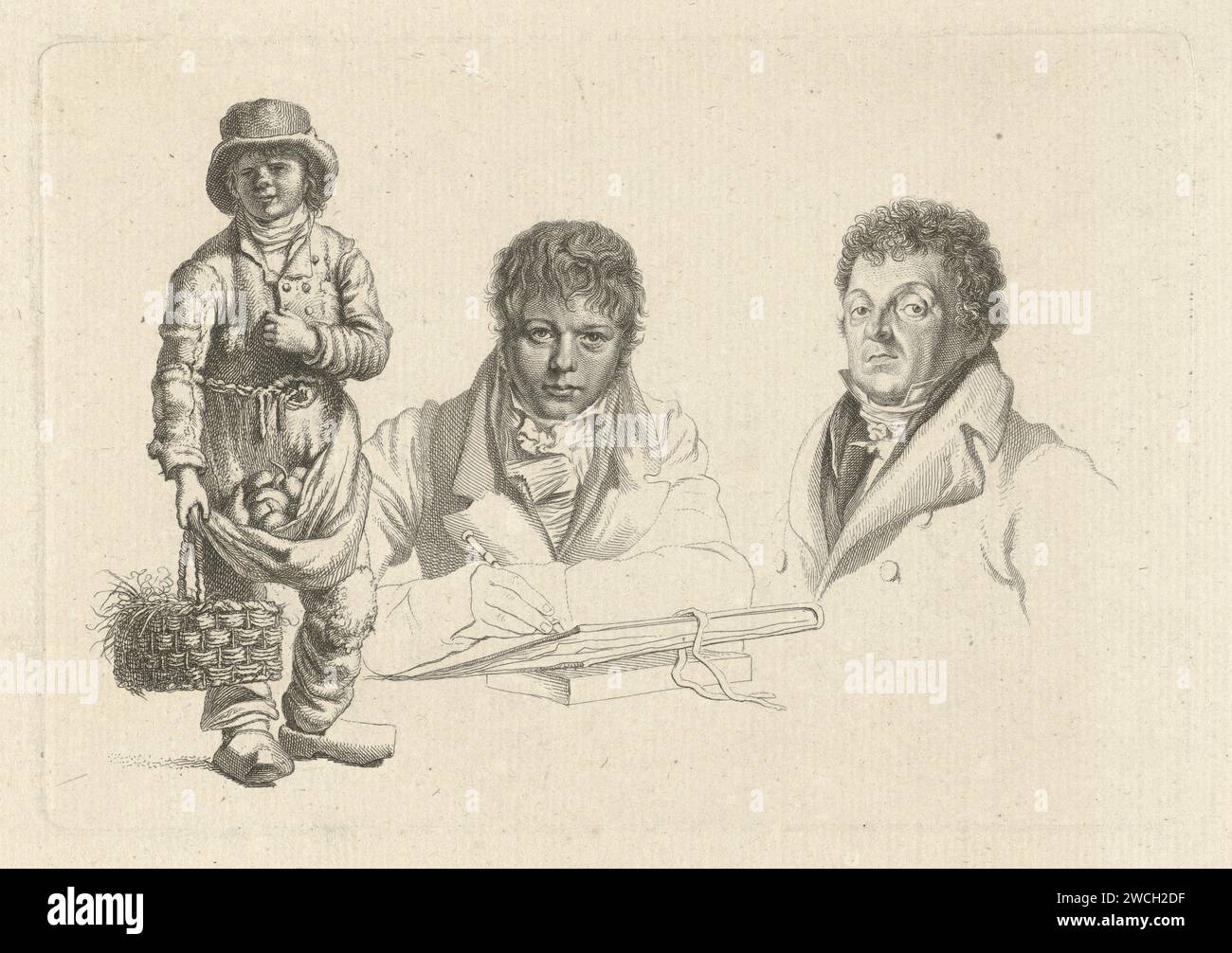 Portraits de J.P. visser Bender et P.Pz. Barbiers à côté d'un garçon, Jacob Ernst Marcus, d'après Joannes Pieter visser Bender, 1812 impression Portraits des artistes Joannes Pieter visser Bender et Pieter Pietersz. Barbiers à côté d'un bras habillé garçon avec un panier à la main et des fruits dans son tablier. Amsterdam papier gravure peinture, dessin et arts graphiques (+ artiste au travail). récipient en matière végétale autre que le bois : panier Banque D'Images