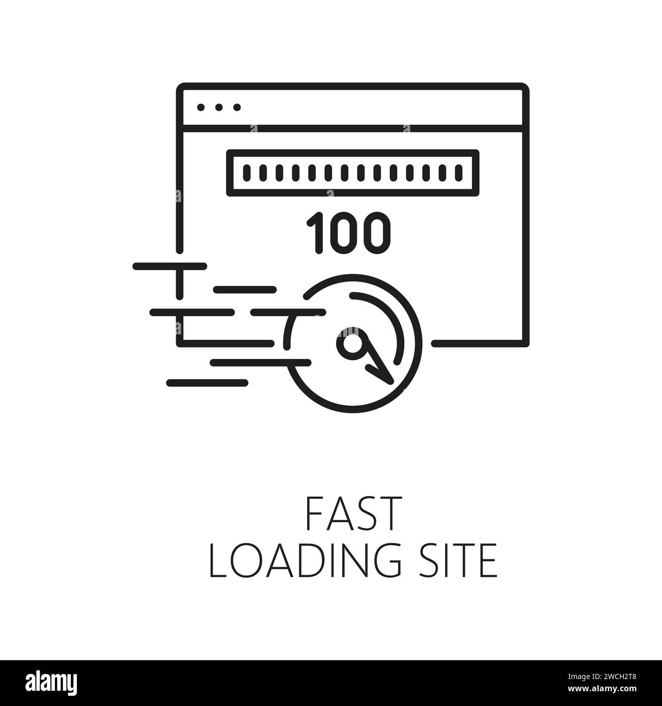 Site de chargement rapide. CDN. Icône de réseau de diffusion de contenu, serveur de stockage et de sauvegarde de données de blog Web ou de portail Internet, publication de médias de site Web, signe vectoriel de contour CDN avec page de test de vitesse de connexion Illustration de Vecteur