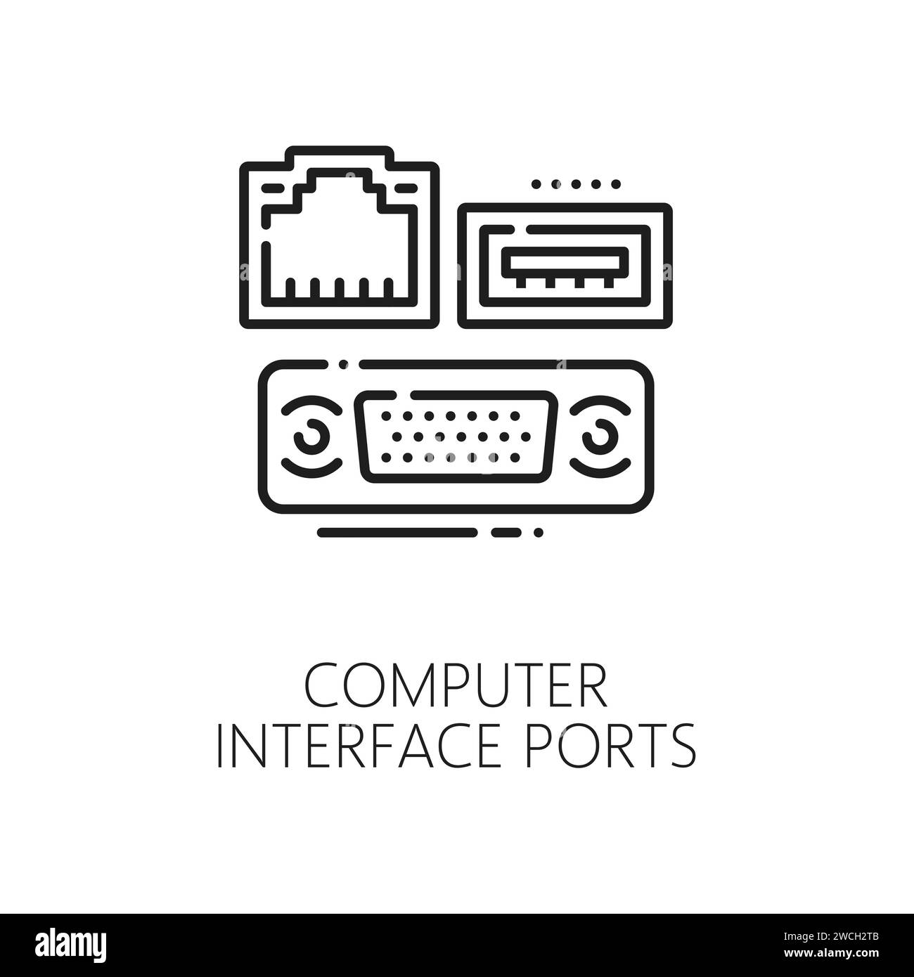 Logiciel informatique, matériel électronique, icône linéaire de l'industrie de développement d'applications. Mise à niveau du matériel informatique et pictogramme vectoriel de ligne mince de service avec ports d'interface vidéo USB, Ethernet et VGA de l'ordinateur Illustration de Vecteur