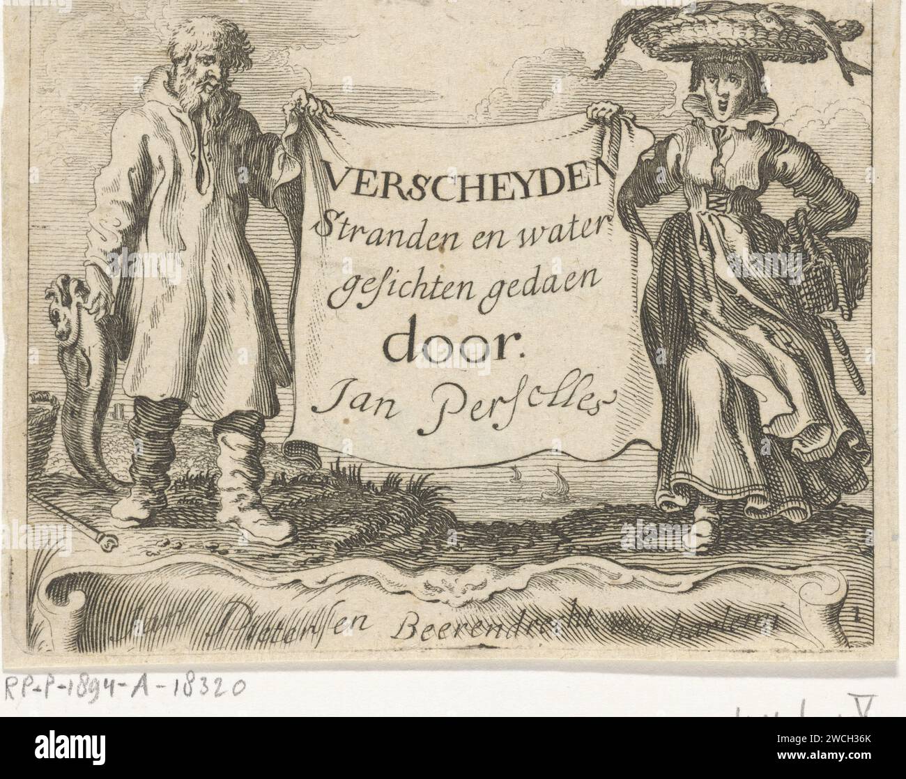 Paysage de Duin avec deux pêcheurs, Gillis van Scheyndel (I), d'après Jan Porcellis, 1650 - 1700 imprimer deux pêcheurs tiennent une toile sur laquelle le titre de la série en néerlandais. Au fond d'un cartouche l'impressum. Imprimeur : Nord des pays-Bas imprimeur : pays-Bas Editeur : Haarlem paper graving / graving fishes Banque D'Images