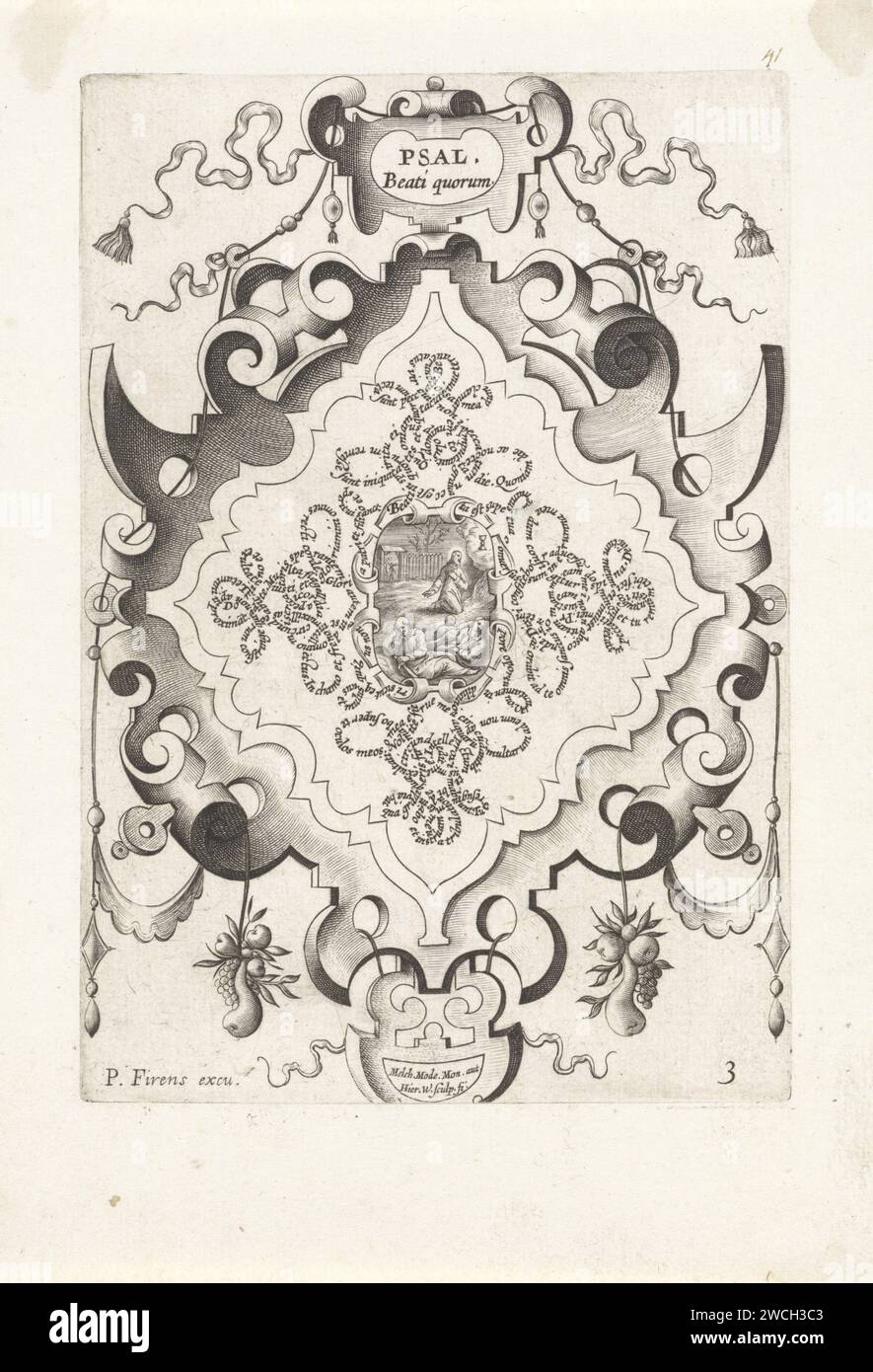 Christ à la cour de Getsémane, Hieronymus Wierix, 1608 print Christ prie à la cour de Getsémane. Un calice apparaît du ciel. Petrus, Johannes et Jacobus dorment au premier plan. En arrière-plan, Judas conduit un groupe de soldats à travers la porte. Le spectacle est pris dans un cartouche et placé au milieu du texte du psaume imprimé dans un motif de bouton. Imprimeur : Antwerppublisher : Paris gravure sur papier du livre des Psaumes. ornement  cartouche. Prière du Christ dans le jardin de Gethsémani pendant la nuit Banque D'Images