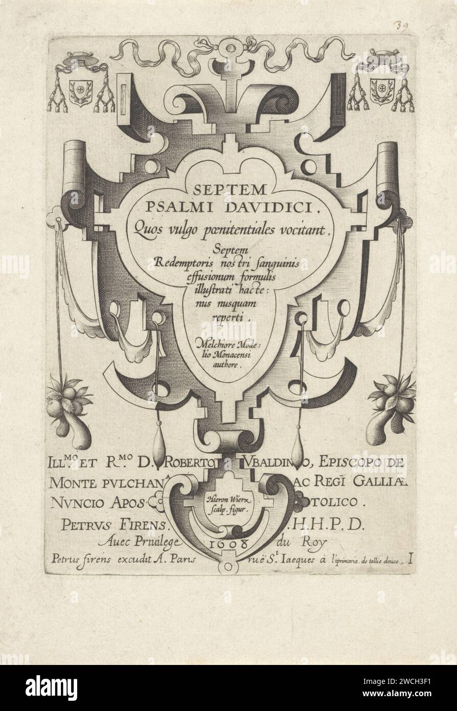 Cartouche avec titre, Hieronymus Wierix, 1608 print cartouche avec titre de la série en latin. Dans les coins supérieurs, le blason de la personne à qui l'impression est dédiée. En bas du magazine une assignation de quatre lignes en latin. Imprimeur : Antwerppublisher : Paris gravure sur papier du livre des Psaumes. ornement  cartouche Banque D'Images