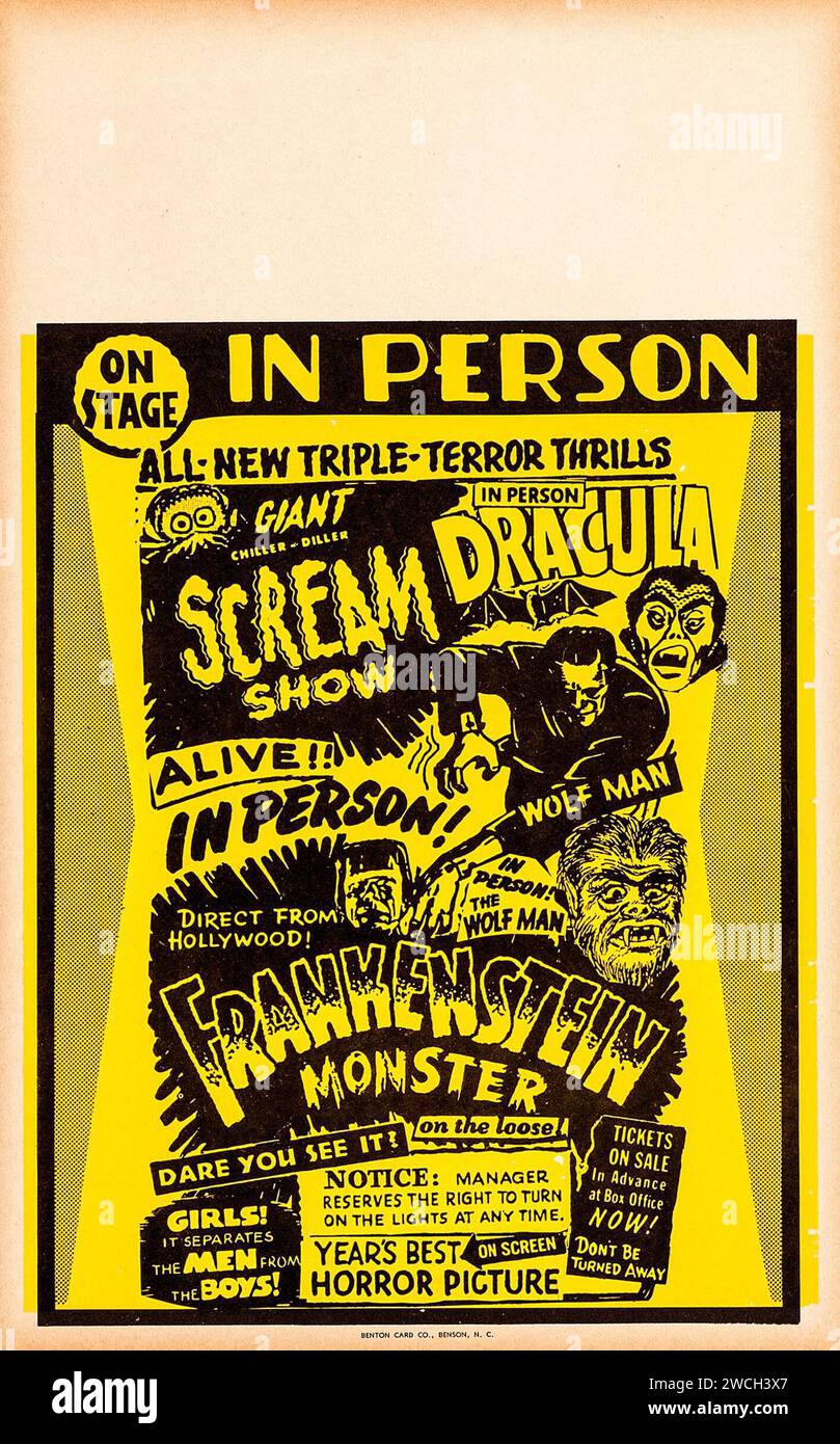 Giant Chiller-Diller Scream Show (années 1960) spectacle « Spook » qui combine des projections de films d'horreur et des spectacles de monstres en direct. Banque D'Images