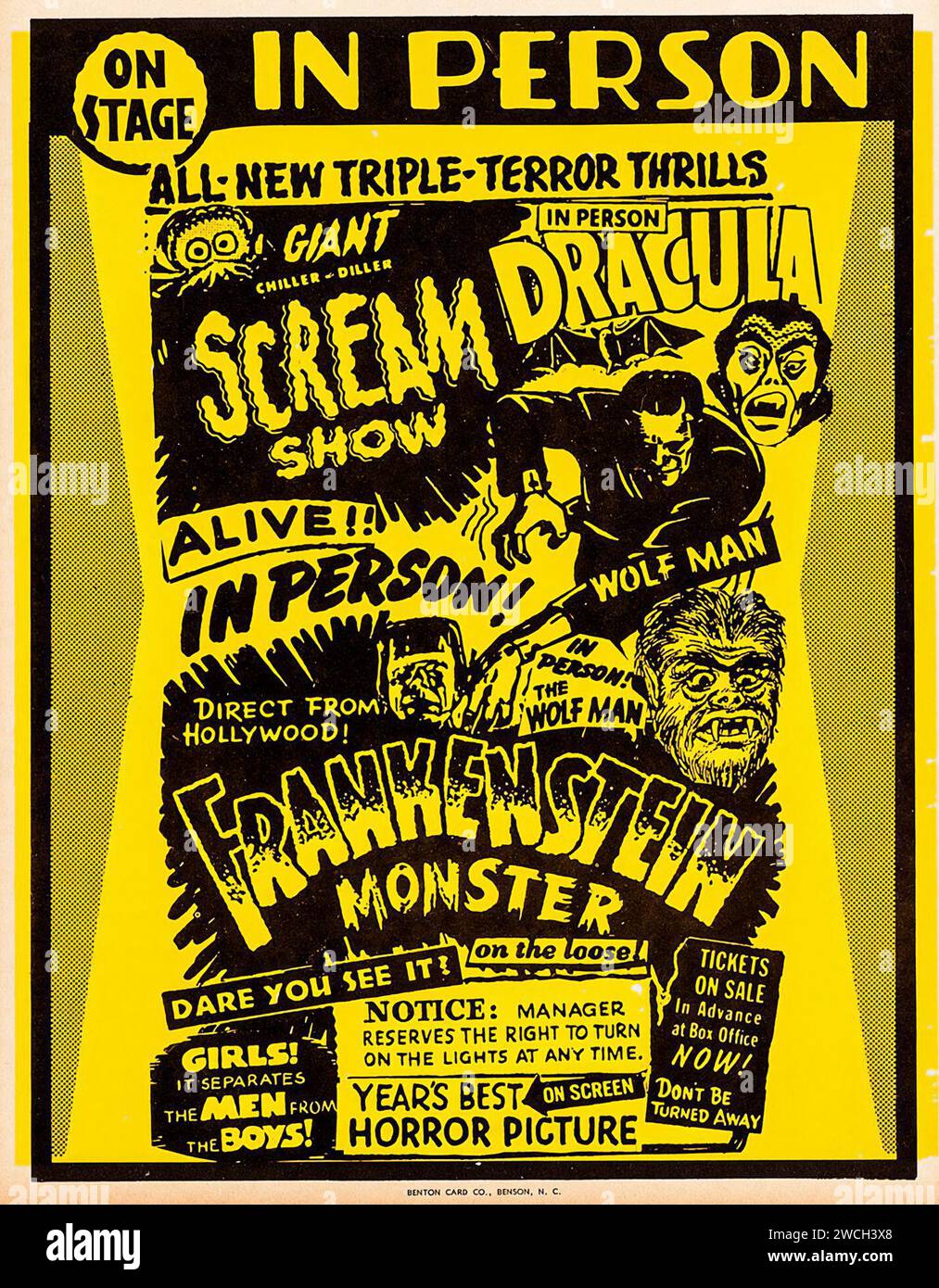 Giant Chiller-Diller Scream Show (années 1960) spectacle « Spook » qui combine des projections de films d'horreur et des spectacles de monstres en direct. Version recadrée. Banque D'Images