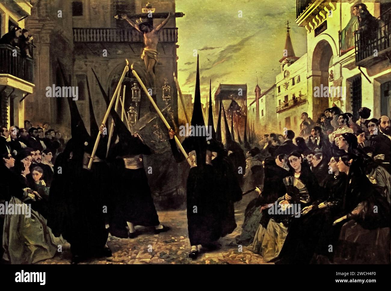 Une confrérie en procession le long de la Calle Génova 1851 Alfred Dehodencq 1822 - 1882 Andalousie Espagne Espagne procession le long de la Calle Génova pendant les célébrations de Pâques à Séville. La route est remplie de gens pressés le long de la route pavée bordée de rangées de femmes assises de haut statut social arborant des mantillas noires en signe de deuil pour la mort du Christ, accompagnées de messieurs distingués debout derrière elles. Deux rangées de membres de la confraternité dans des habitudes noires portant de longues torches allumées escortent le flotteur du Christ crucifié. Banque D'Images