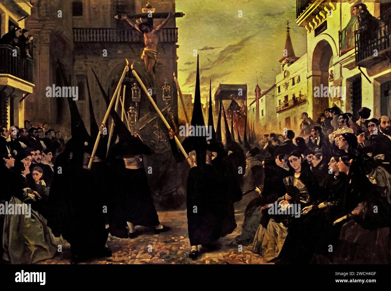 Une confrérie en procession le long de la Calle Génova 1851 Alfred Dehodencq 1822 - 1882 Andalousie Espagne Espagne procession le long de la Calle Génova pendant les célébrations de Pâques à Séville. La route est remplie de gens pressés le long de la route pavée bordée de rangées de femmes assises de haut statut social arborant des mantillas noires en signe de deuil pour la mort du Christ, accompagnées de messieurs distingués debout derrière elles. Deux rangées de membres de la confraternité dans des habitudes noires portant de longues torches allumées escortent le flotteur du Christ crucifié. Banque D'Images
