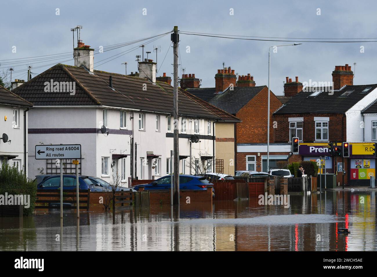 inondation sur la route de belton loughborough après la tempête henk Banque D'Images