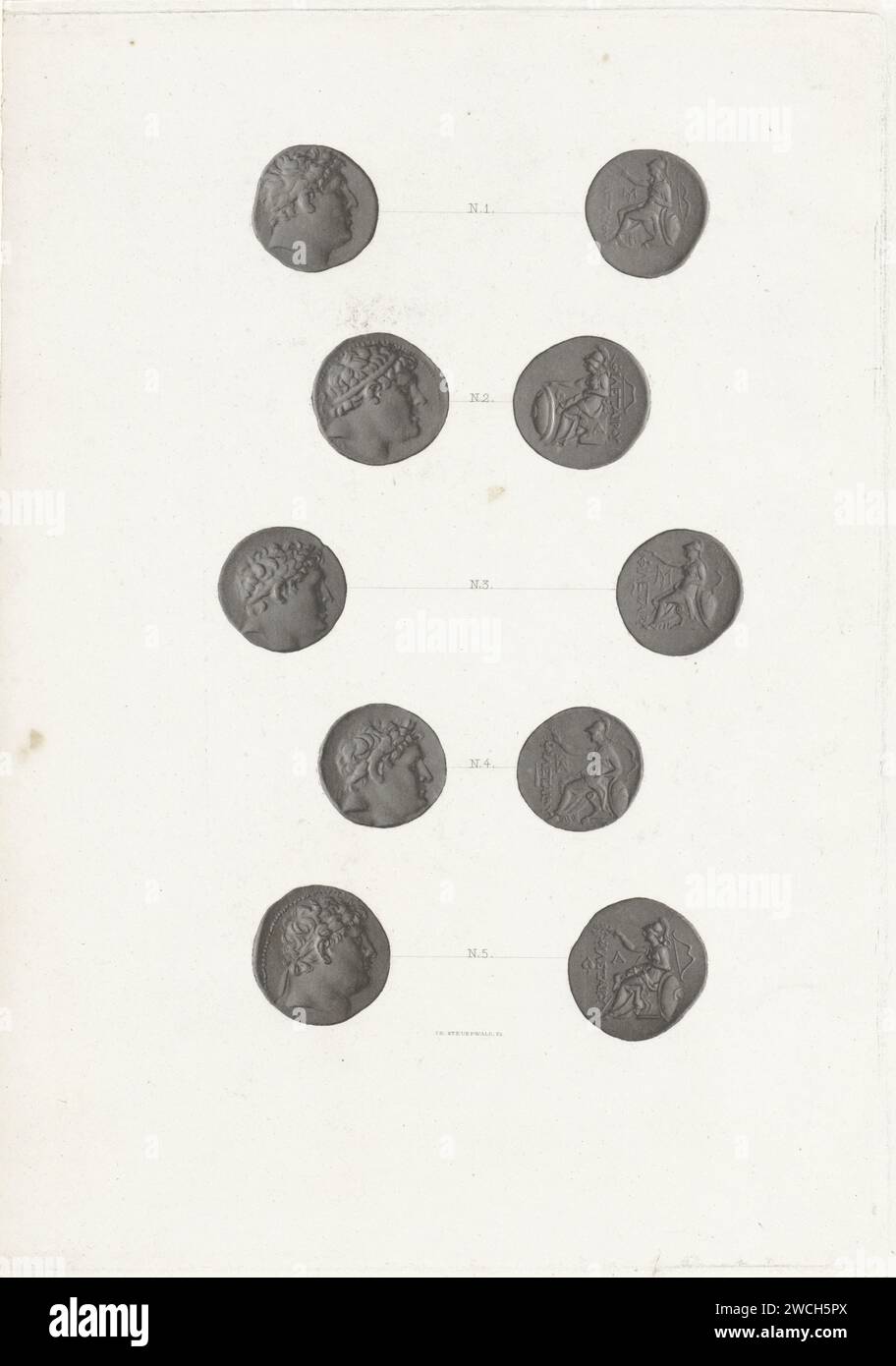 ROMEINSE Munten, Jan Dam Steuerwald, 1839 - 1863 impression du recto et du verso de cinq pièces romaines. Pièce en papier néerlandaise Banque D'Images