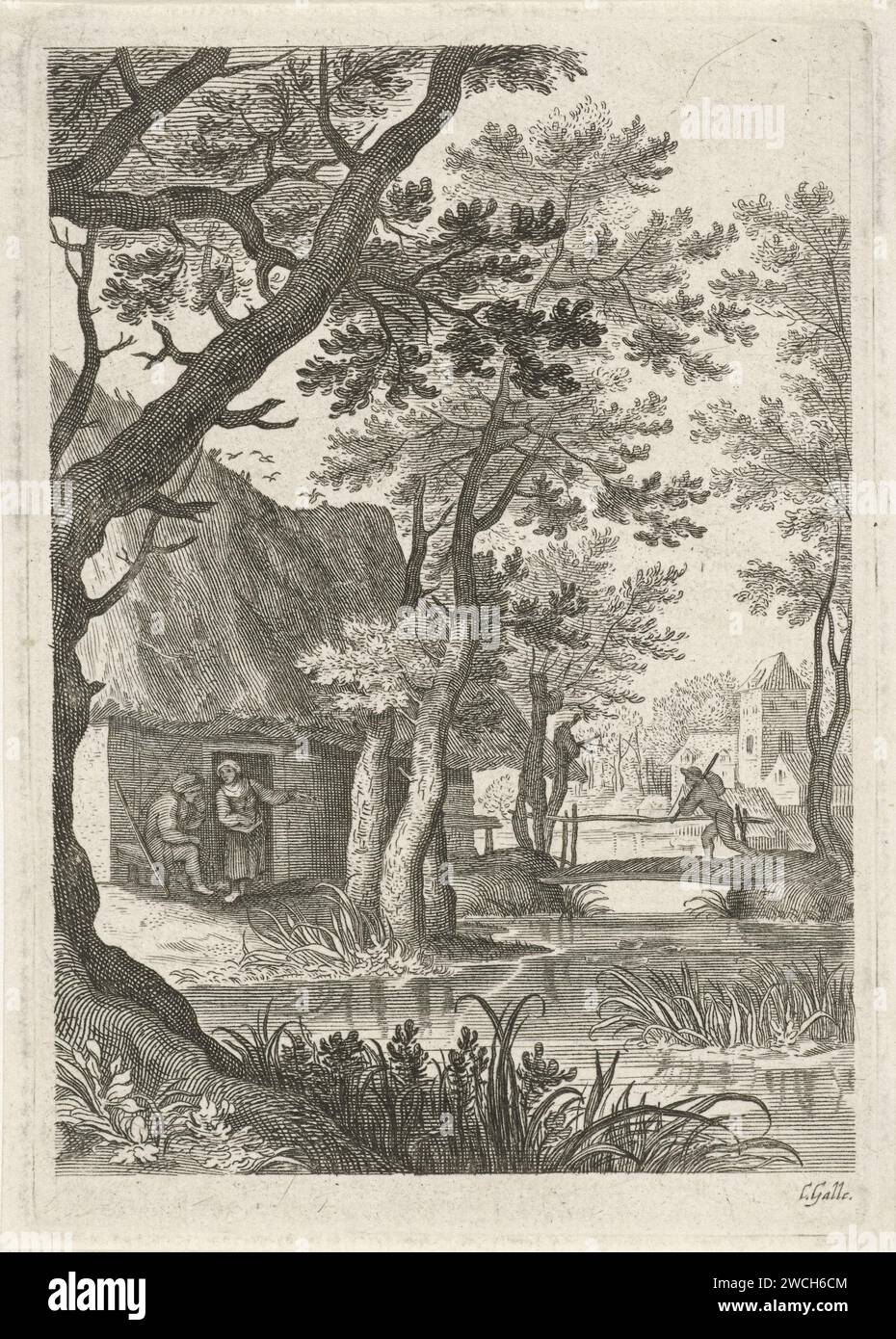 Paysage avec ferme et fossé avec pont, Cornelis Galle (II), 1638 - 1678 tirages Anvers gravure sur papier ferme ou maison solitaire dans le paysage Banque D'Images