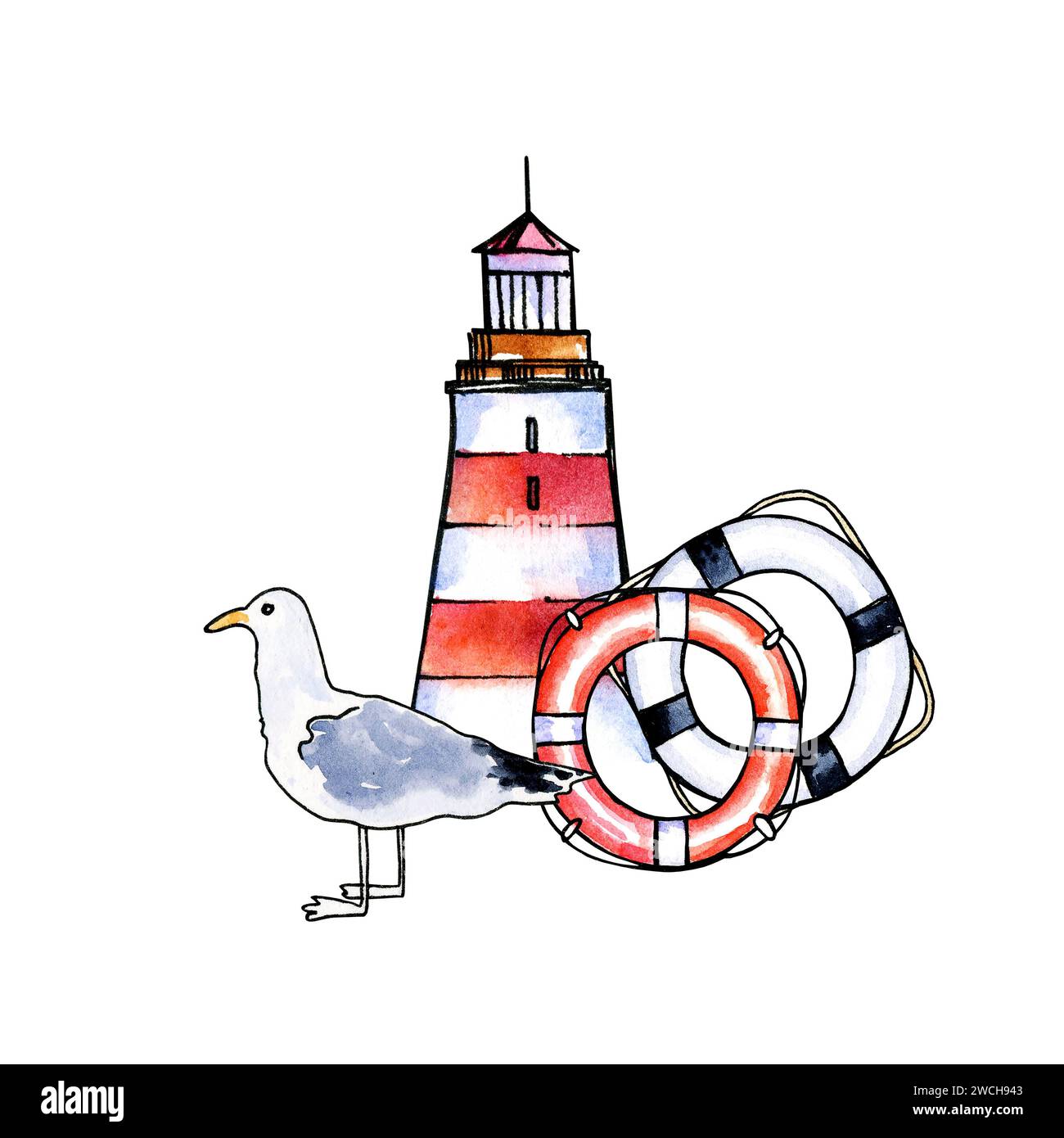 composition dessinée à la main aquarelle avec phare, différentes lignes de vie rayées et oiseaux de mer, illustration marine, couleur rouge et bleue isolée sur blanc Banque D'Images