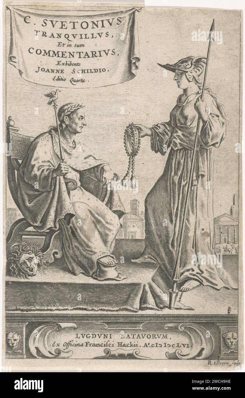 Écurie de Pieth avec un empereur à son siège, Reinier van Persijn, 1656 estampe sur une écurie perçante, un empereur est assis sur son trône, à côté d'un chef méduse. Son pied repose sur un chapeau haut ; dans sa main un bâton sur lequel un oiseau. Minerva lui offre une chaîne. En haut à gauche sur une toile le titre en latin. Au bas d'un cartouche une impression en latin. Imprimeur : GoudaÉditeur : Leiden gravure sur papier empereur. (Histoire de) Minerve (Pallas, Athéna). Gorgoneion, chef de Méduse. tête de train Banque D'Images