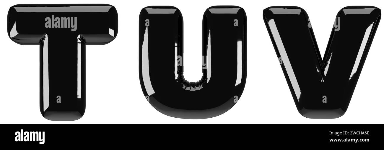 Illustration en majuscules de la lettre noire brillante gonflée T, U, V. Rendu 3D de la police bulle latex avec Glint. Type graphique, typographie, ABC clipart, alphabe Banque D'Images