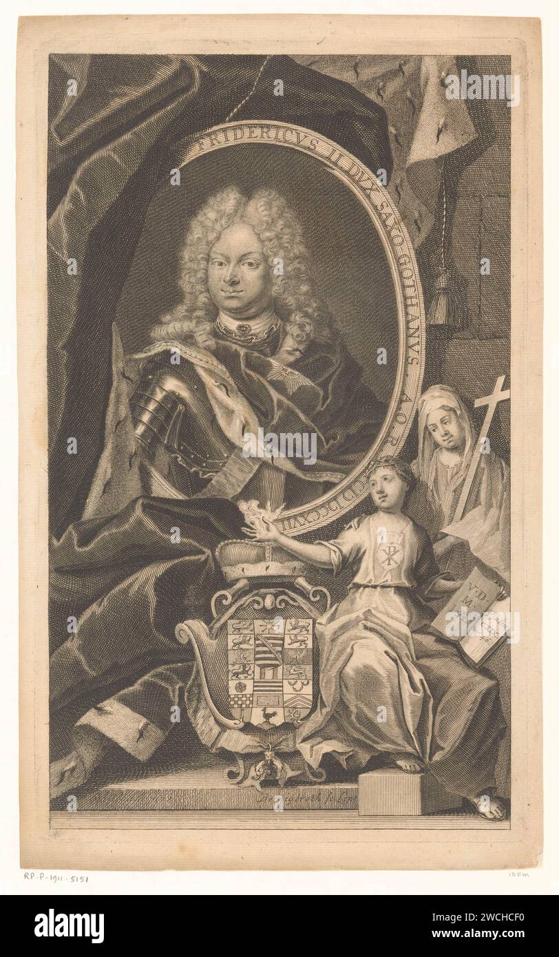 Portrait de Friedrich II de Sachsen-Goth-Altenburg, Martin Bernigeroth, 1717 - 1733 tirage Leipzig gravure sur papier personnages historiques. armure. Roulement armorial, Héraldry. Représentation allégorique  religion ; 'religion' 'religion de SS. Maurice e Lazarus '' religion True Christian '(Ripa) Banque D'Images