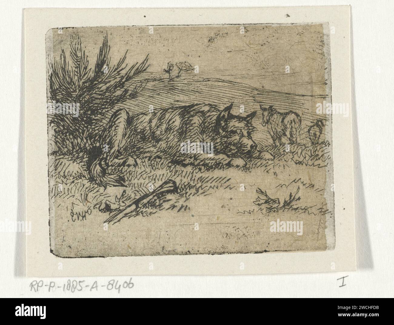 Chien de berger couché, Henry van Ingen, 1864 imprimer Un chien de berger couché à côté d'un buisson. Il y a un bâton dans l'herbe devant le chien. Une colline en arrière-plan. Papier Poughkeepsie. chien de gravure Banque D'Images