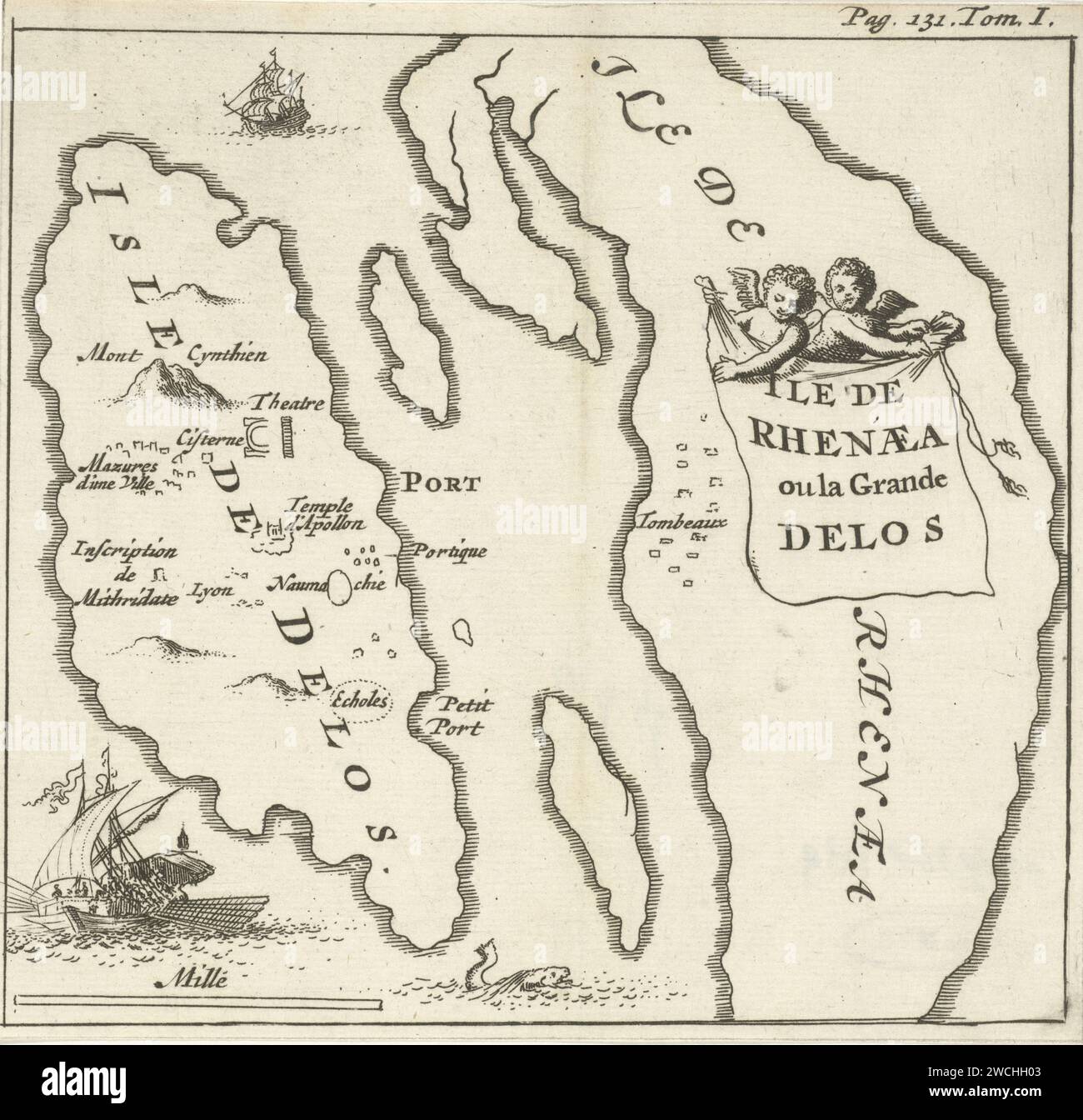 Carte des îles Cycladiennes Delos et Rinia, Jan Luyken, 1679 imprimer Imprimer en haut à droite marqué : p. 131. Tom. I. Cartes gravées sur papier Amsterdam de pays ou de régions distincts. island Delos. Rinia Banque D'Images