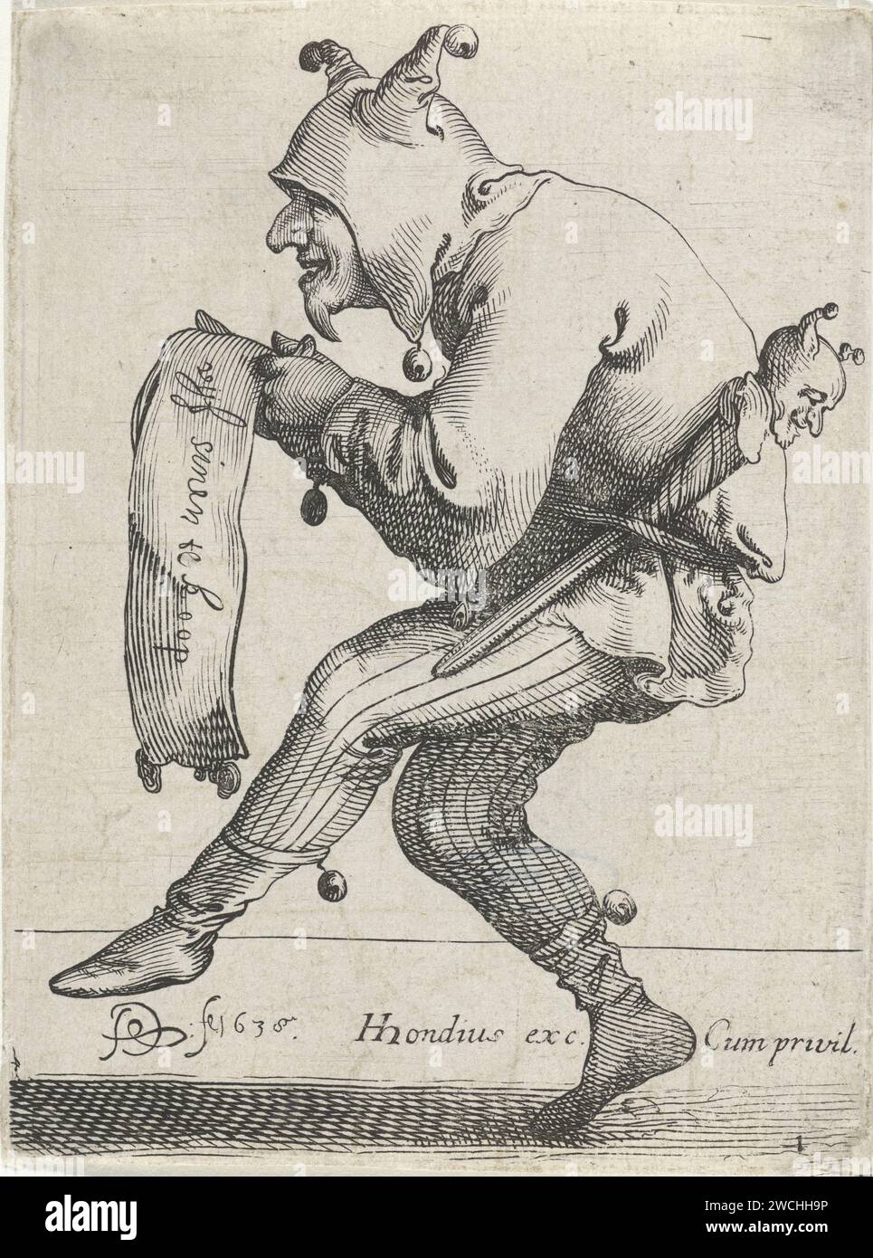 Impression titre pour les cinq sens, Pieter Jansz Quast, 1638 Un bocal qui court sur ses orteils tient un morceau de papier avec le titre de la série d'impressions. Un marot est serré sous la ceinture du bocal. L'estampe fait partie d'une série de six estampes avec les cinq sens. La page de titre de la gravure sur papier de la Haye. bouffon de cour, idiot de cour. attributs du bouffon de cour. les (cinq) sens Banque D'Images