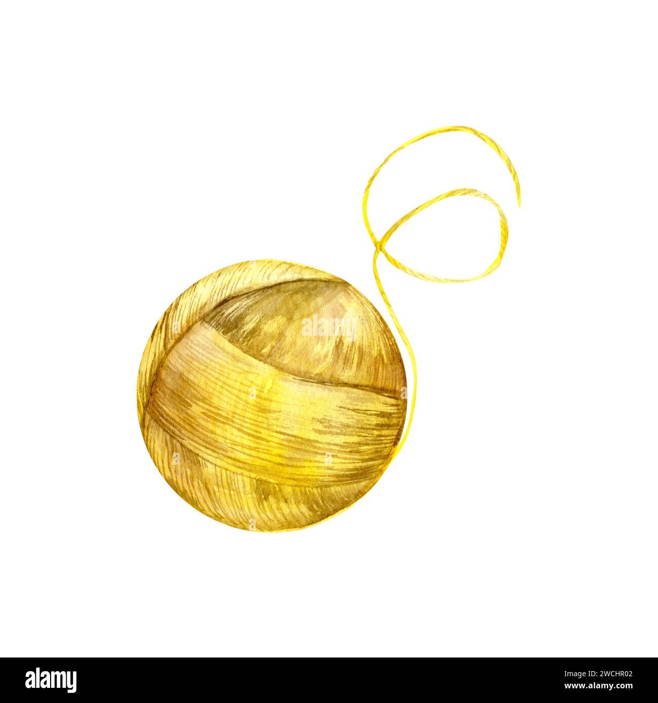 Illustration de boule de fil jaune aquarelle. Écheveau de tricot de fil. Peinture Hobby pour tricoter, étiquette de magasin de laine, conception de logo. Banque D'Images
