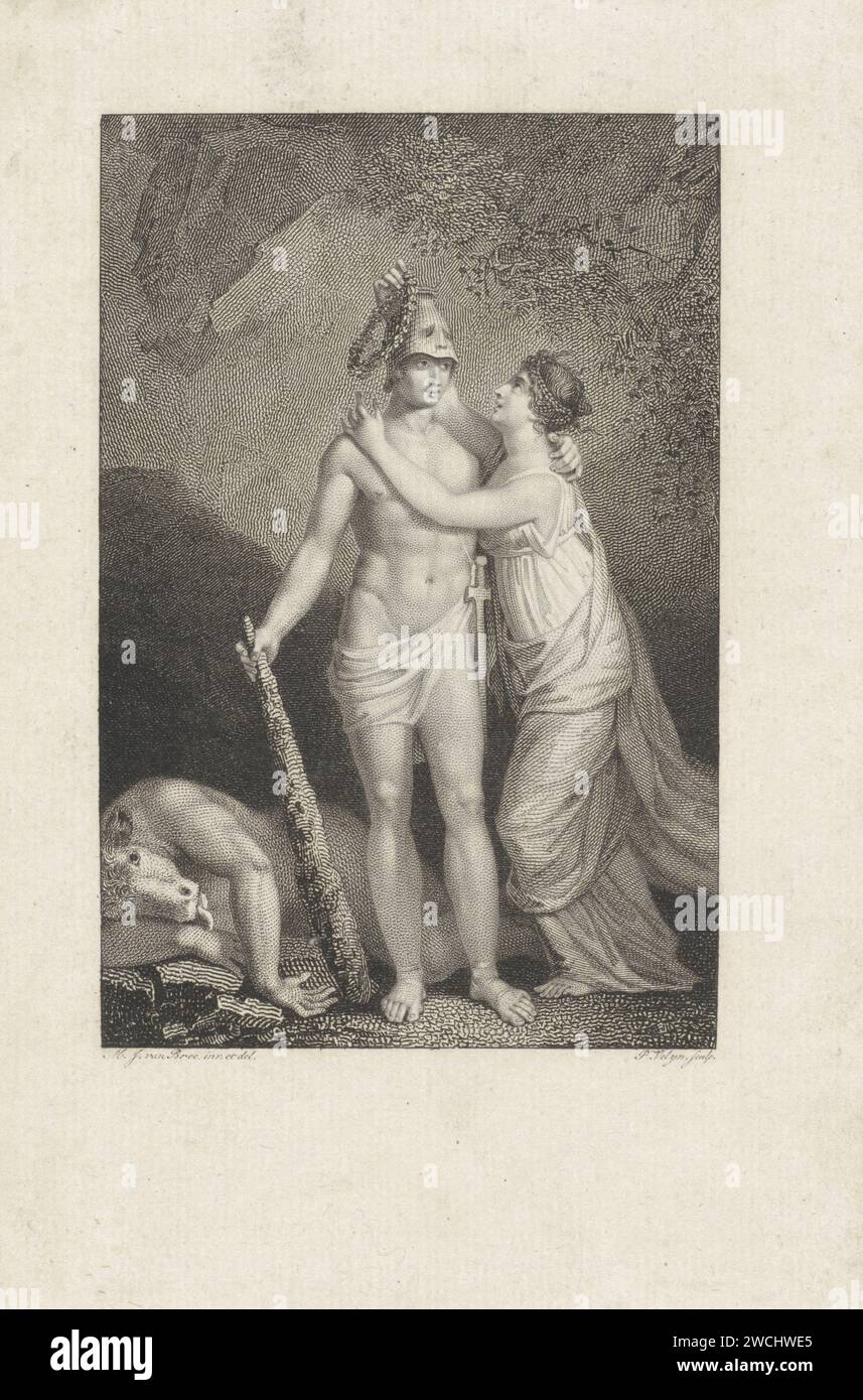Thésée est honoré par Ariane après avoir battu le Minotaurus, Philippus Velijn, après Mattheus Ignatius van Bree, 1793 - 1836 imprimer papier gravure / gravure pays-Bas Thésée tue le Minotaure. couronnant le vainqueur de laurier. armes pour frapper un coup : club. Thésée amoureuse d'Ariane, la fille de Minos Banque D'Images