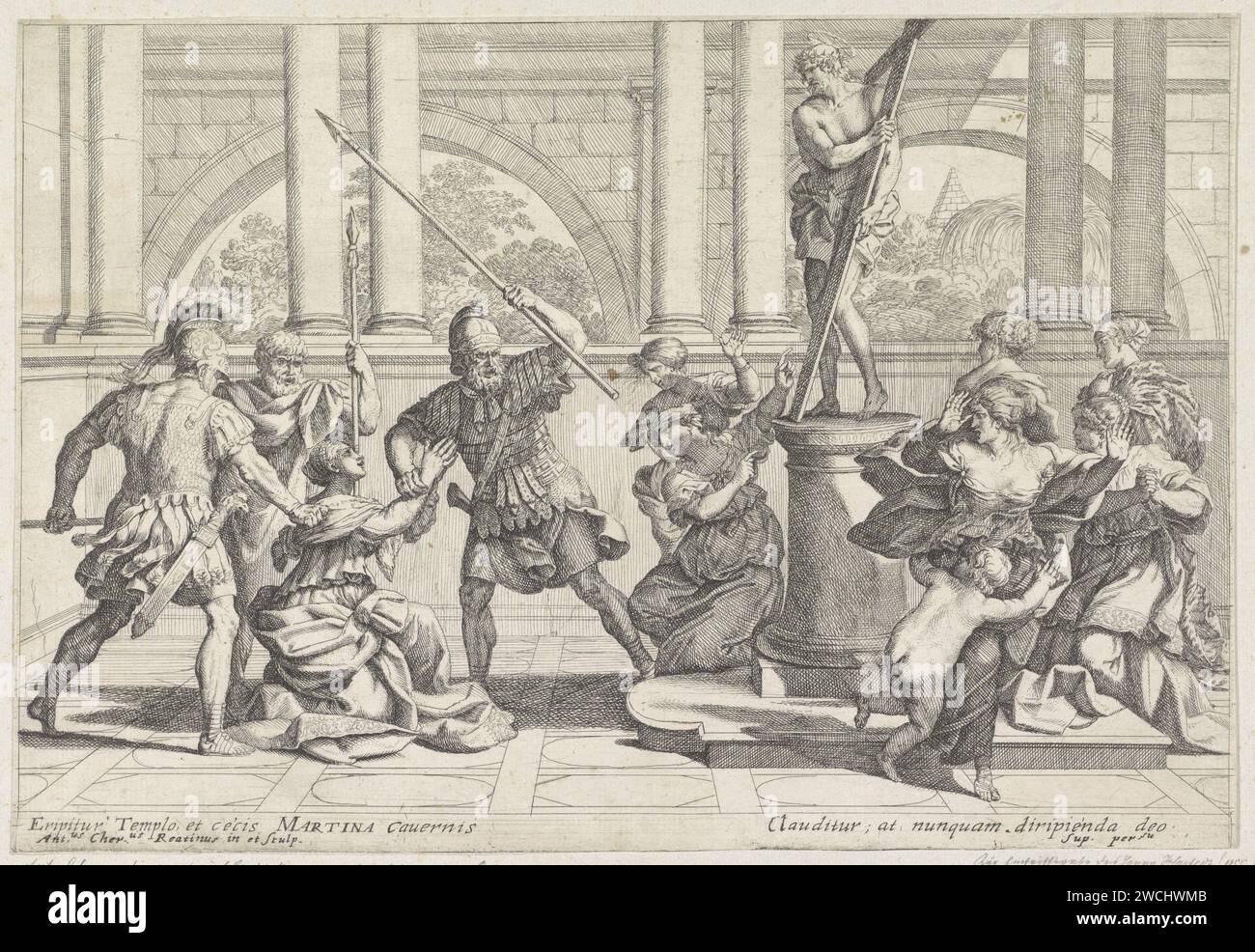 Sainte Martina en prière pour l'image du Christ, Antonio Gherardi, 1654 - 1702 imprimer Sainte Martina s'agenouille en prière pour une image du Christ sur un piédestal. Elle est capturée par trois soldats. Un groupe de femmes choquées autour de l'image. Gravure de papier Italie . Banque D'Images