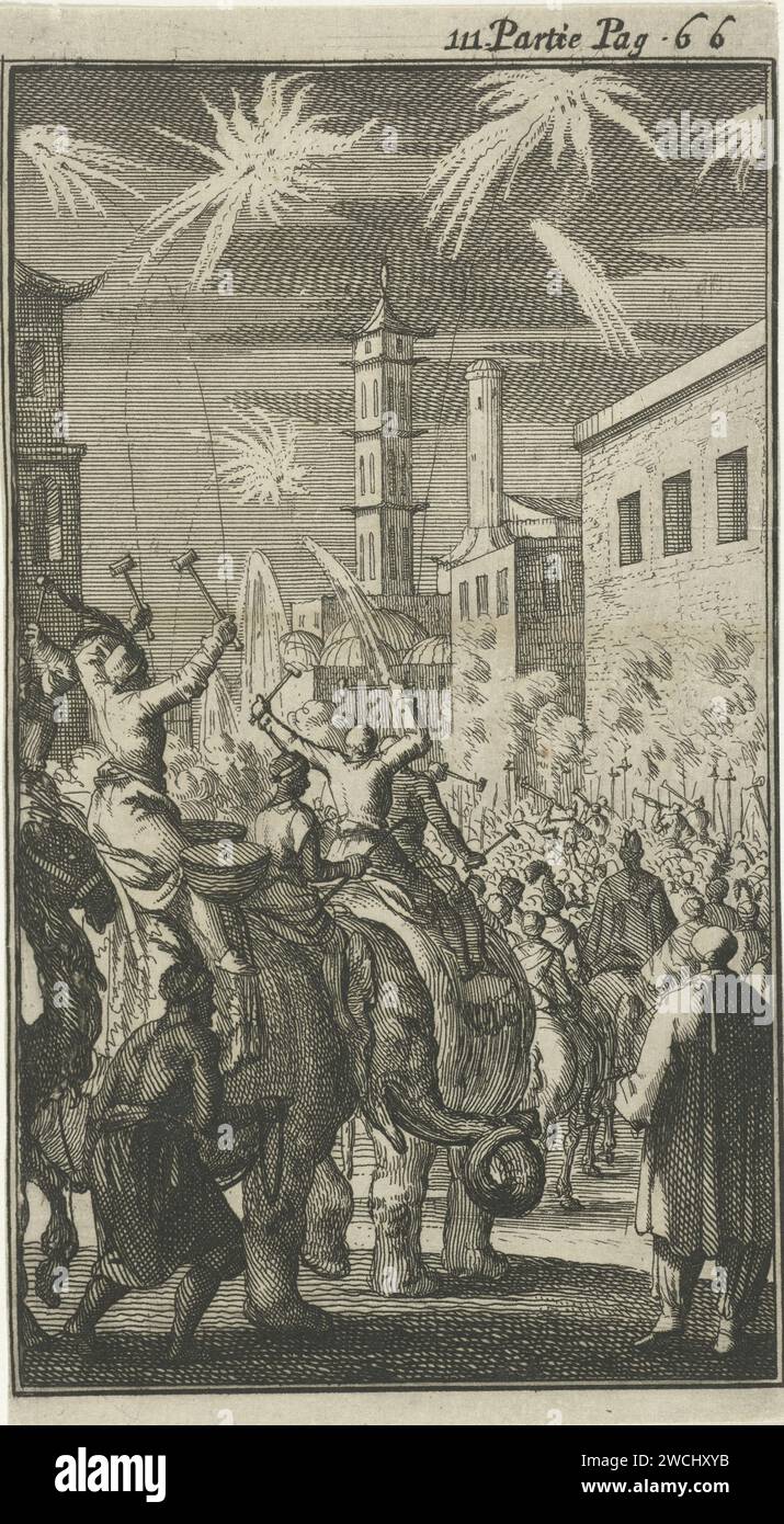 Procession sur les éléphants avec de la musique et des feux d'artifice à l'occasion du mariage de la fille du gouverneur Van Suratte, Jan Luyken, 1689 imprimer Imprimer en haut à droite marqué : iii. Partie p. 66. Imprimeur : Amsterdampublisher : festivités de gravure sur papier de Paris (+ parade, concours, cavalcade  activités festives). Animaux à ressources partagées (avec NOM) (+ équitation d'animaux). Feu de joie, feu d'artifice Suratte Banque D'Images